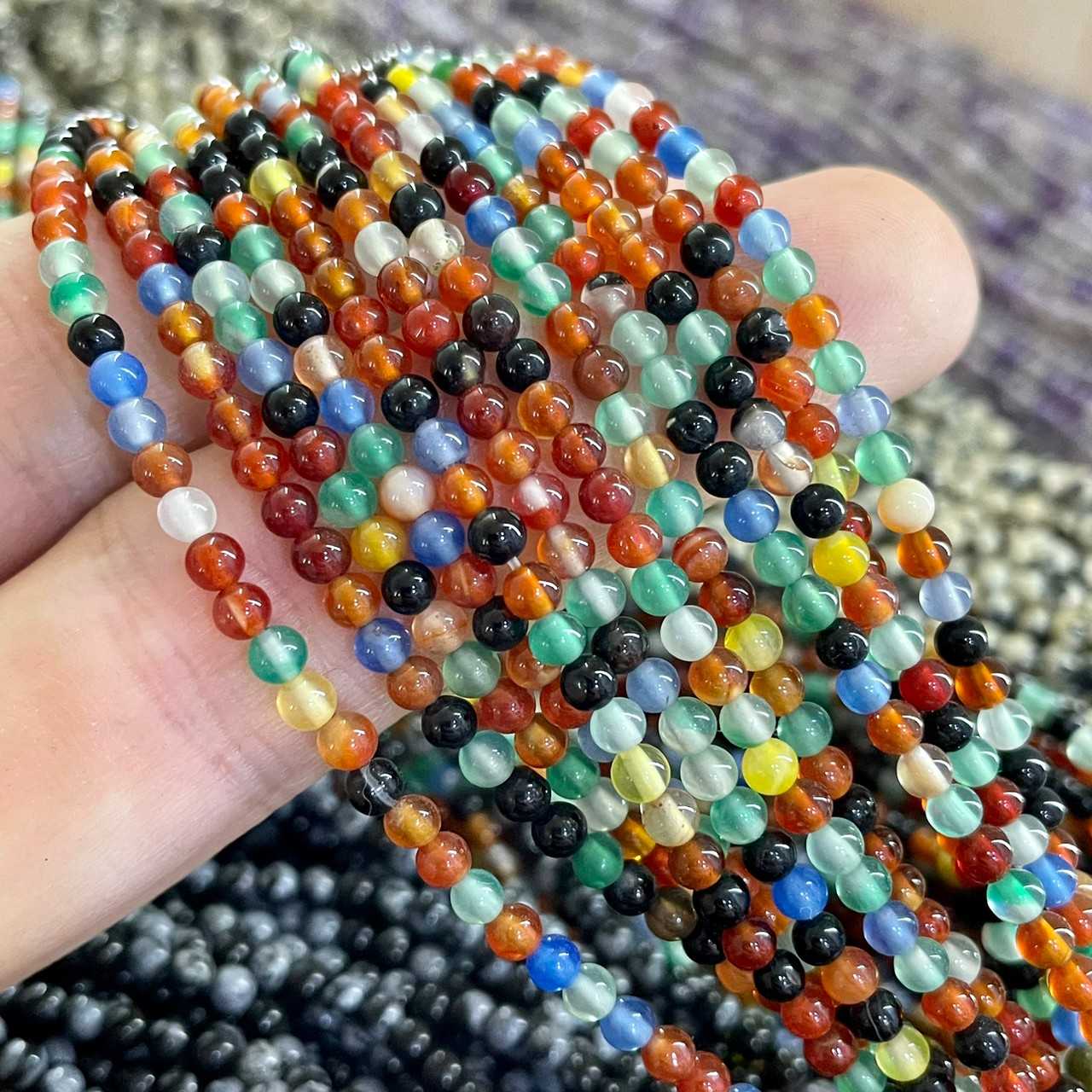 อาเกตโมรา (Mixed Agate) 3 mm ทรงกลม เส้นยาว