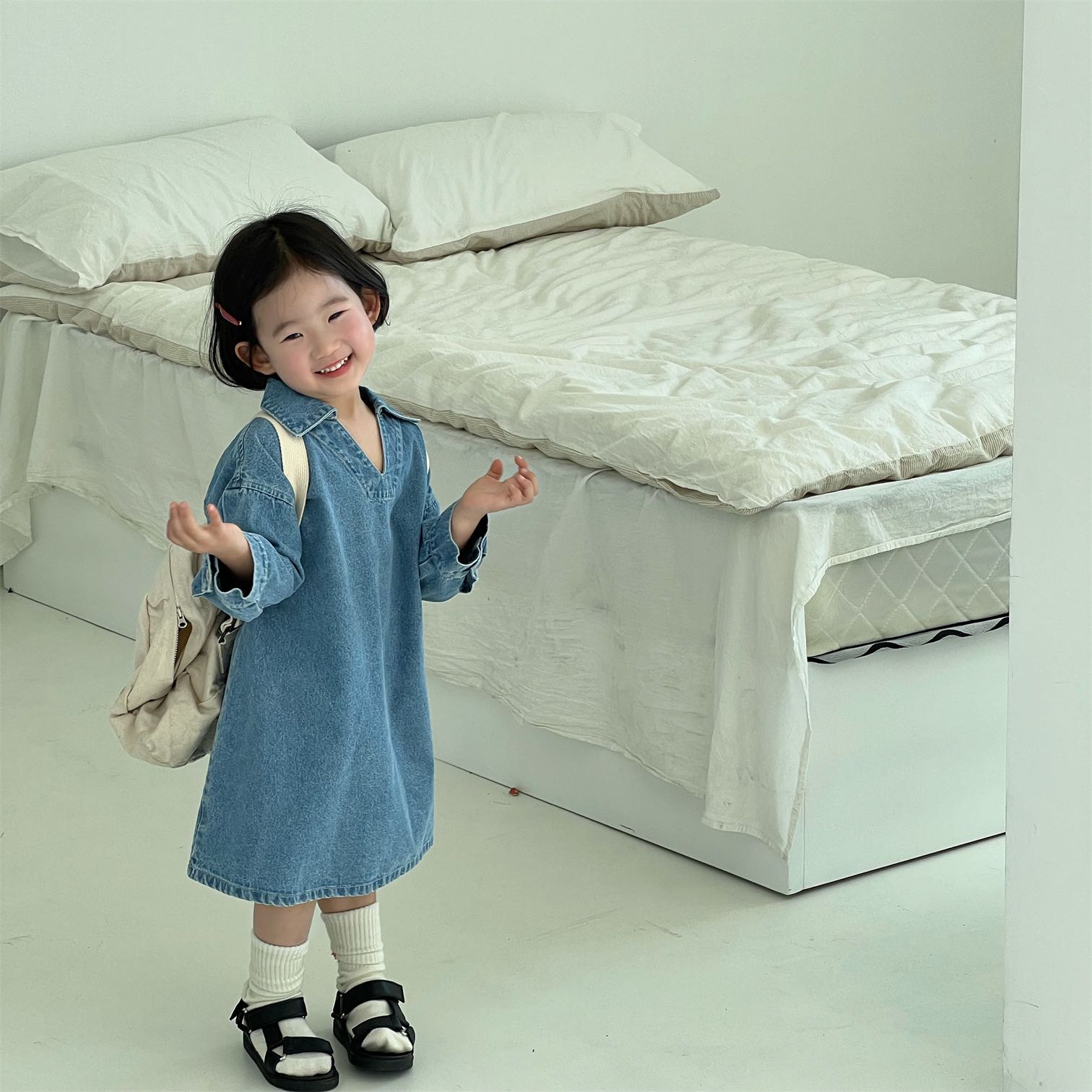 Denim long sleeve dress / เดรสยีนส์ size 110