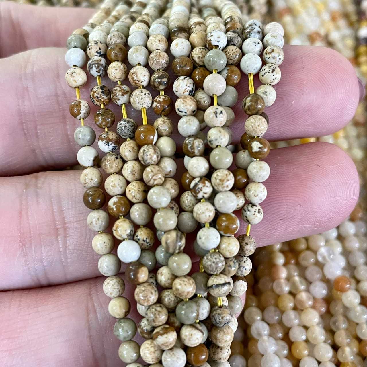พิกเจอร์ แจสเปอร์ (Picture Jasper) 3 mm ทรงกลม เส้นยาว