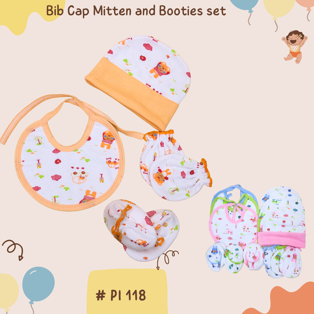 KI 118  Cap Mitten Booties  Bib set ชุดหมวกถุงมือถุงเท้ากันเปื้อนพิมพ์