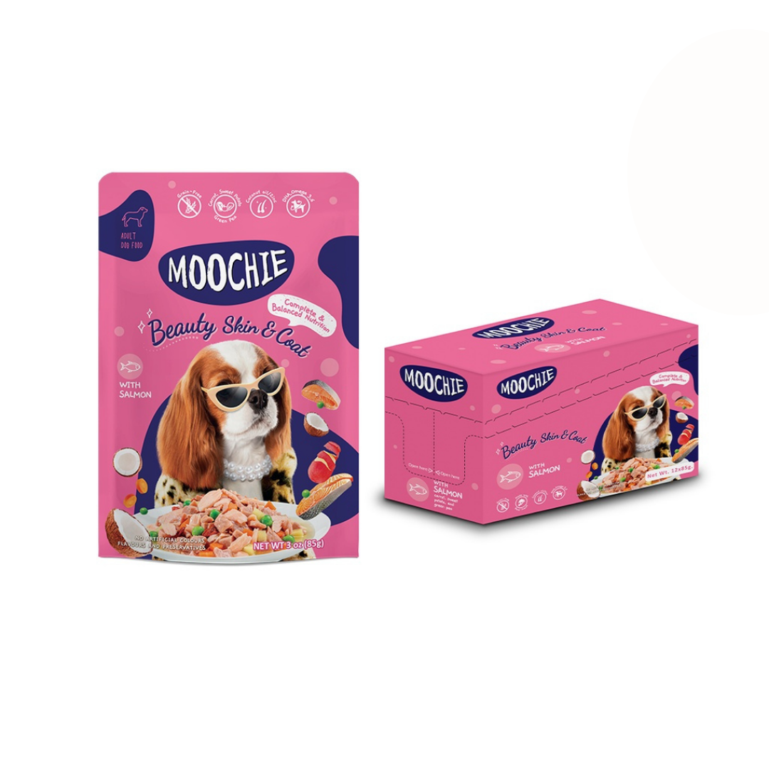 Moochie มูชี่ อาหารเปียกสำหรับสุนัข รสแซลมอนผสมแครอท 85 g. x 12 ซอง
