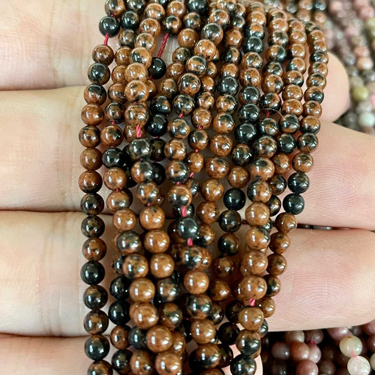 มะฮอกกานี แจสเปอร์ (Mahogany Jasper) 3 mm ทรงกลม เส้นยาว