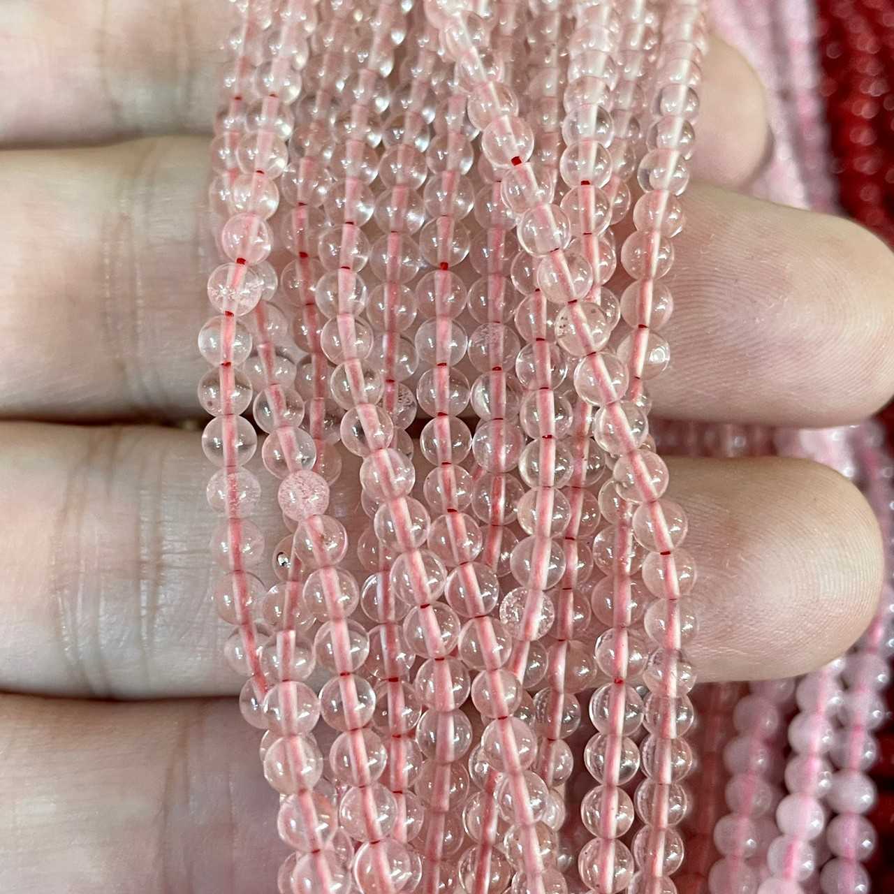 เชอรี่ควอตซ์ คุนไซต์ (Cherry Quartz) 3 mm ทรงกลม เส้นยาว