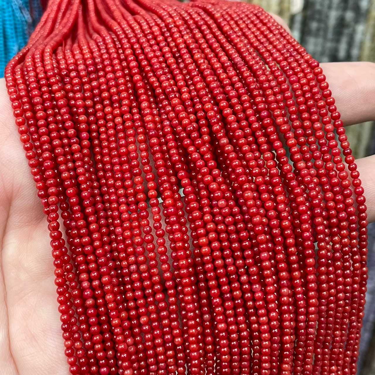 ปะการังสีแดง (Coral) 3 mm ทรงกลม เส้นยาว