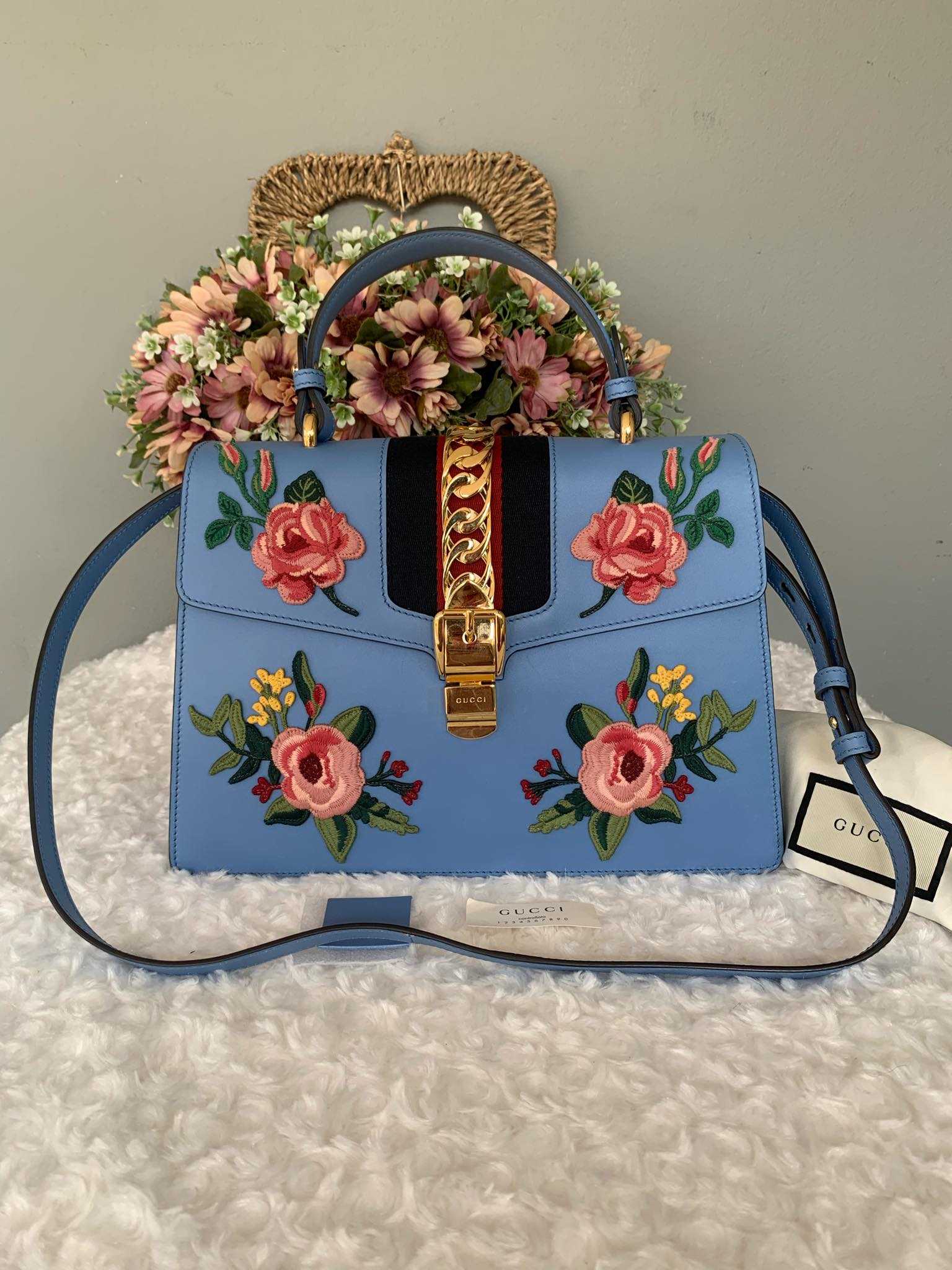 Sylvie Top Handle Bag Blue Leather Floral Embroidered Medium