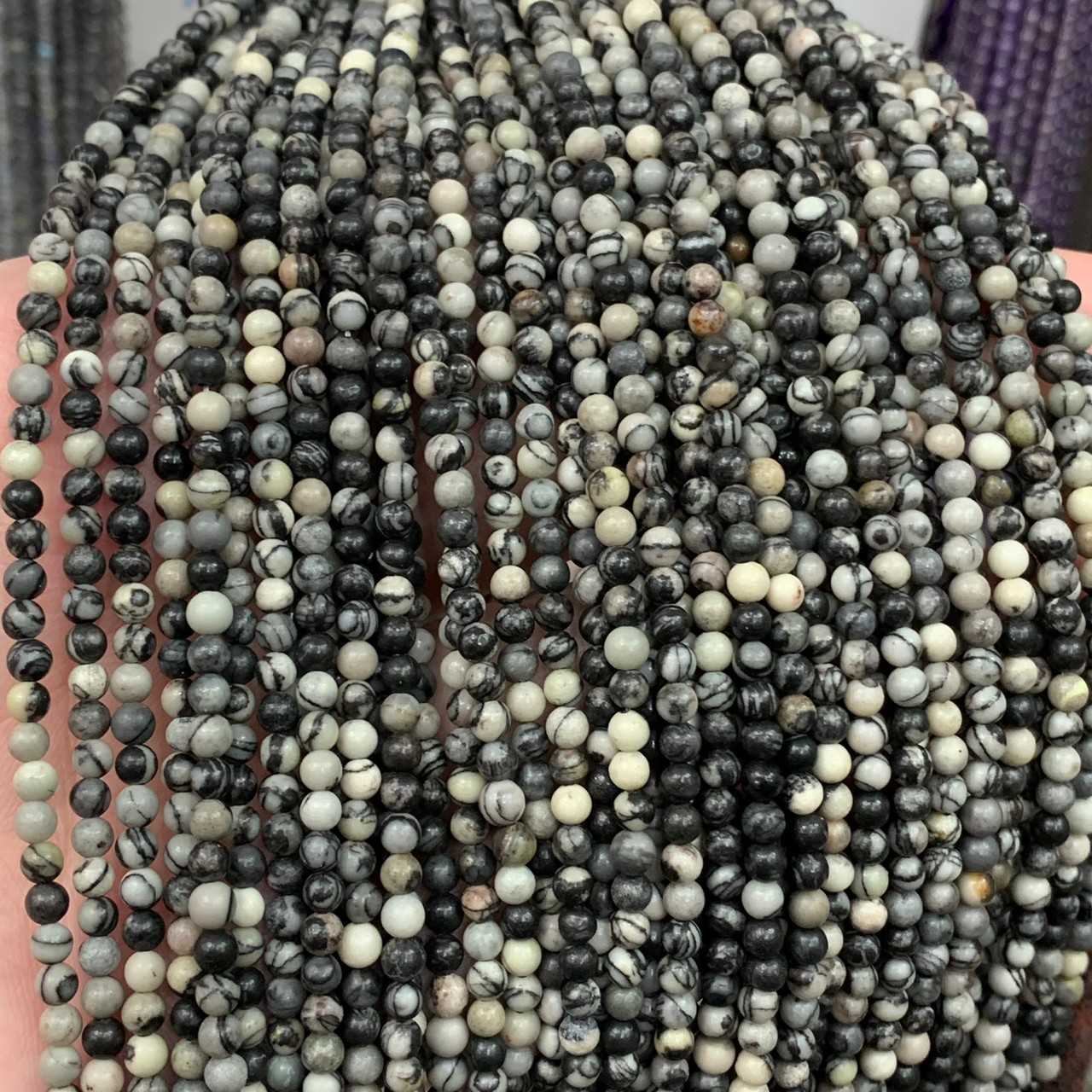 ซีบร้าแจสเปอร์ (Zebra Jasper) 3 mm ทรงกลม เส้นยาว