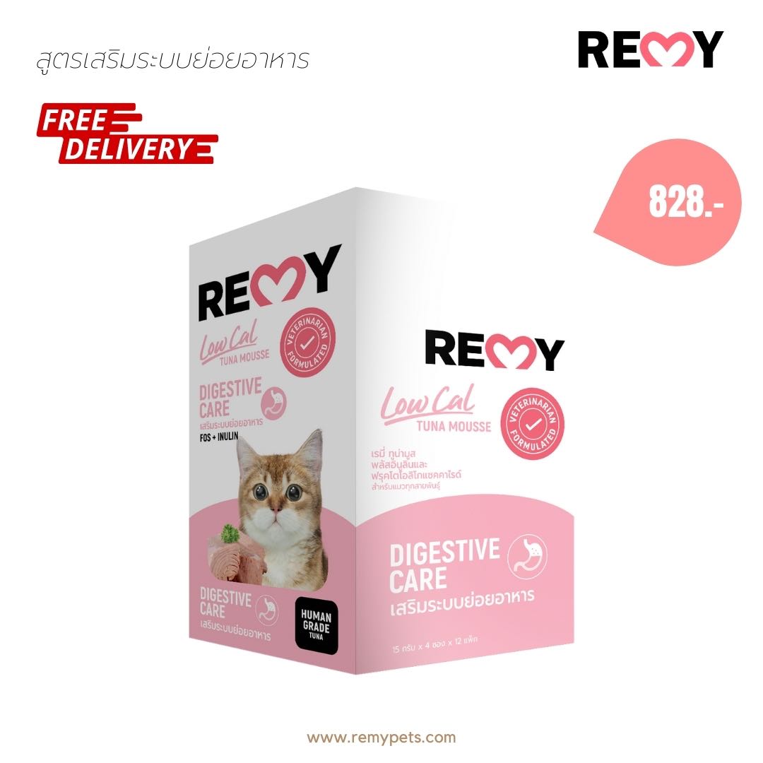 REMY ขนมมูสแมวเลียแคลอรี่ต่ำ สูตรเสริมระบบย่อยอาหาร (1กล่อง มี 12 ซอง)