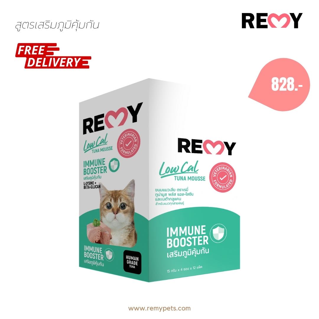 REMY ขนมมูสแมวเลียแคลอรี่ต่ำ สูตรเสริมภูมิคุ้มกัน (1กล่อง มี 12 ซอง)