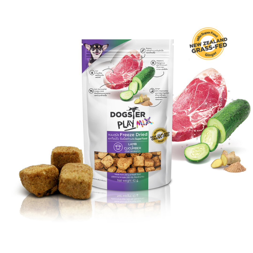 Dogster Play Mix ขนมฟรีซดาย สำหรับสุนัข สูตรเนื้อแกะ & แตงกวา 40 g.
