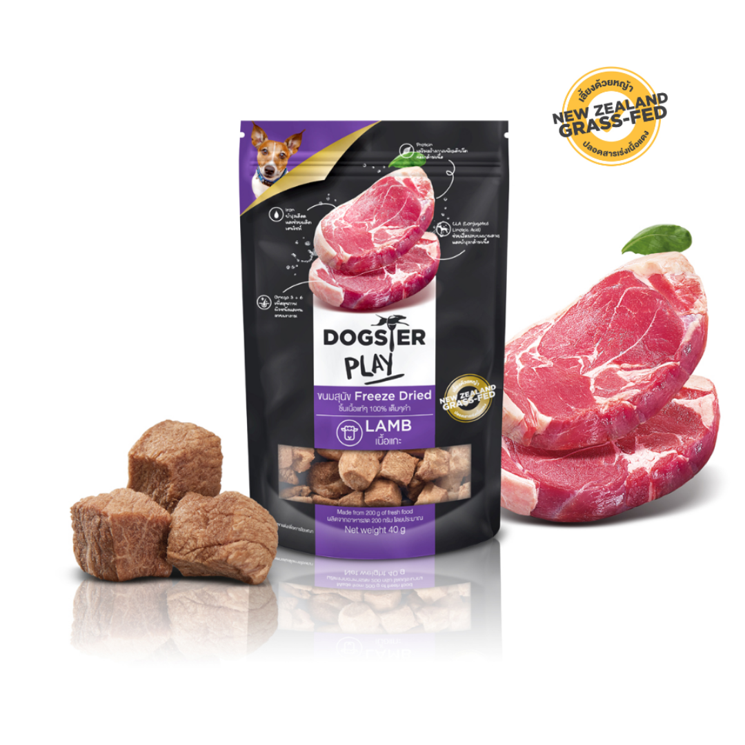Dogster Play ขนมฟรีซดาย สำหรับสุนัข สูตรเนื้อแกะ 40 g.