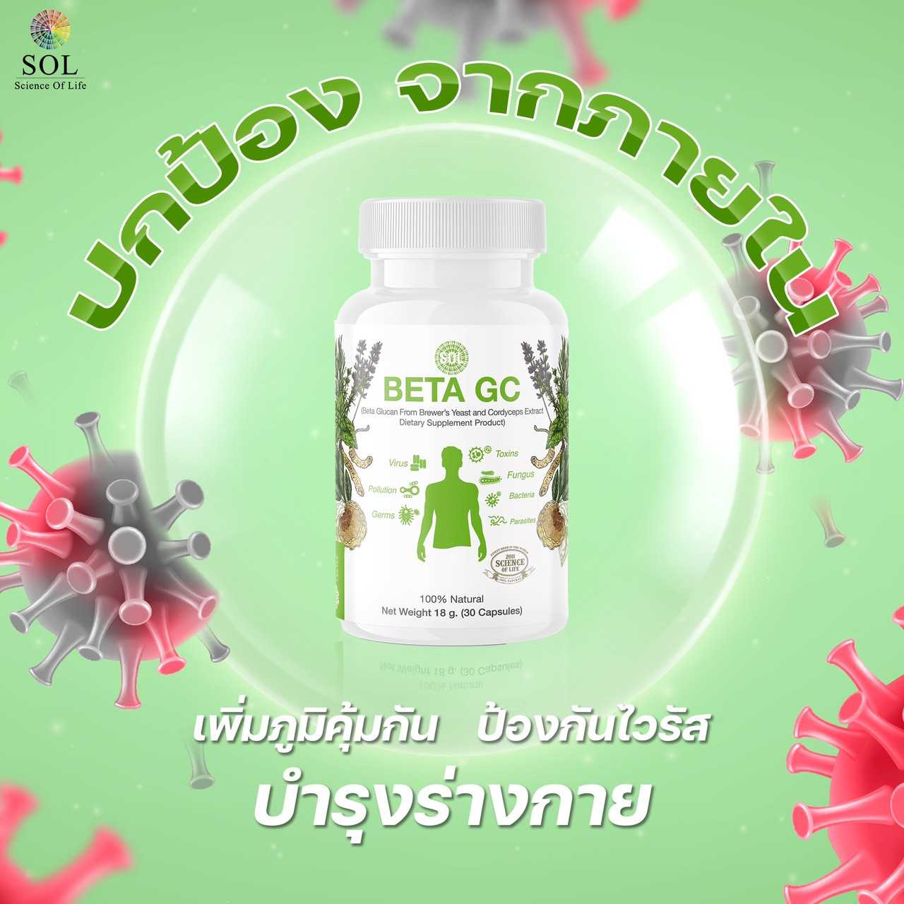 Beta GC อาหารเสริมภูมิต้านทานเบต้ากลูแคนจากจากยีสต์ดำและถั่งเช่าหิมะ 30 แคปซูล