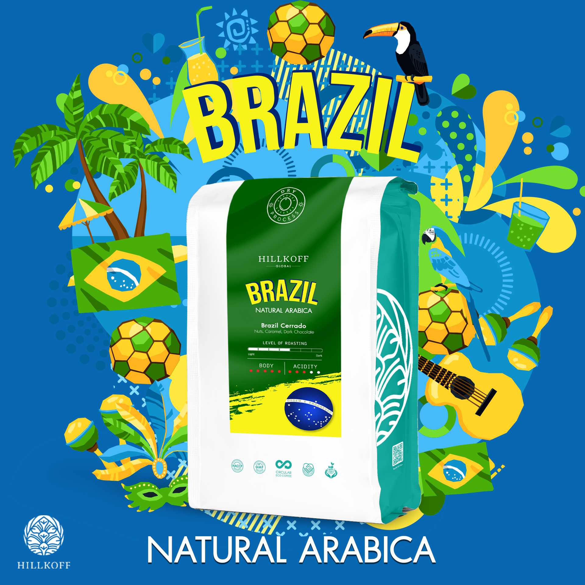 Hillkoff :Brazil Natural Arabica Roasted กาแฟอราบิก้าคั่วกลางนำ เข้า ประเทศบราซิล 500g