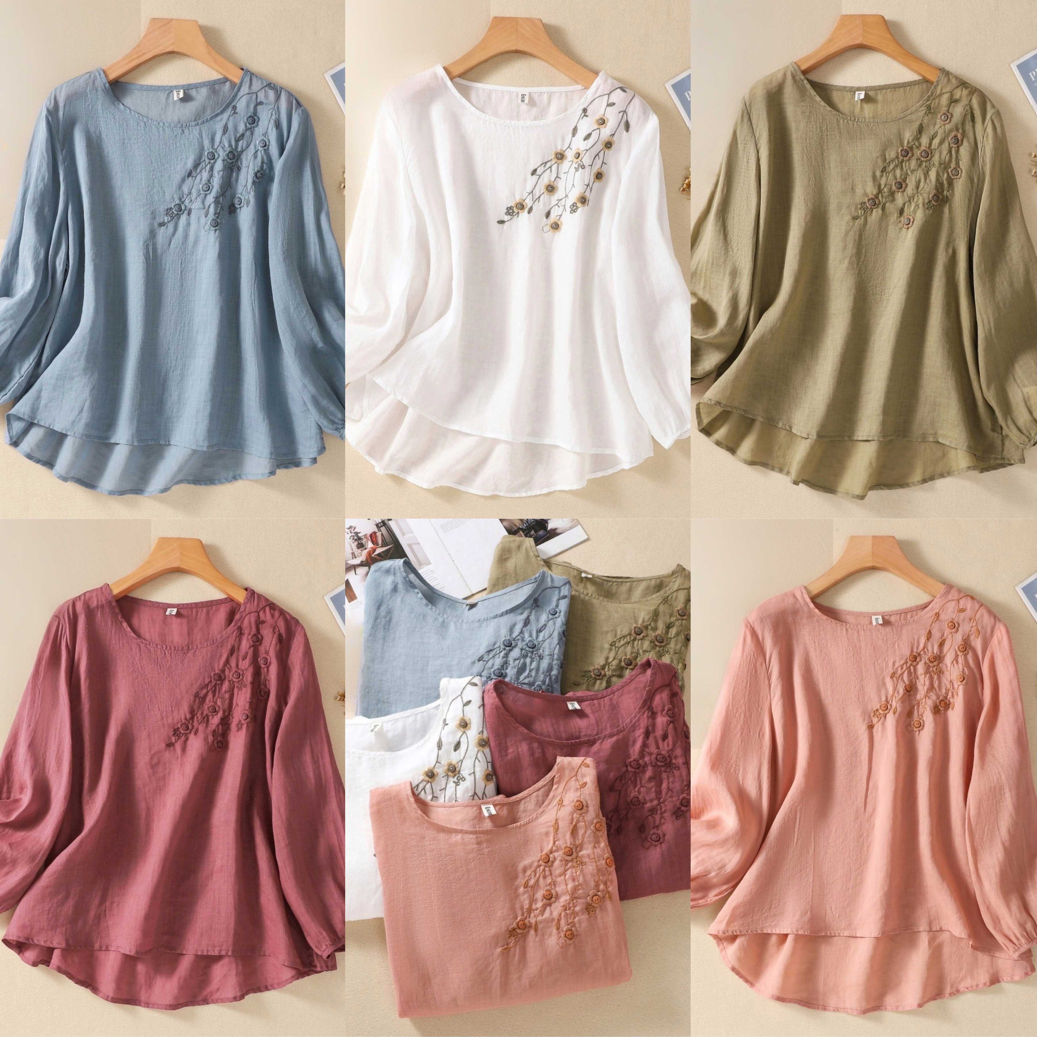 [พร้อมส่ง] เสื้อคอกลมแขนยาวสีพื้น ปักดอกไม้ ผ้าเย็นใส่สบายมาก ตัวเดียวจบสวยแน่นอน | QS367