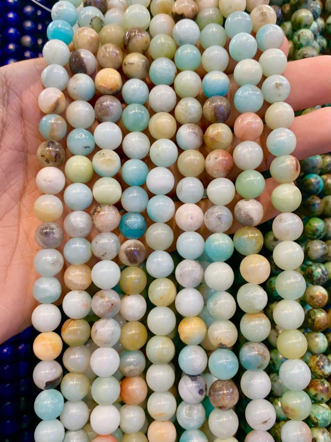 อมาโซไนท์ รวมสี (Mixed Amazonite) ทรงกลม เส้นยาว