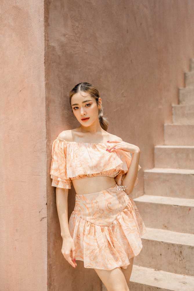 Vanilla Set เกาะอกปาดไหล่+กางเกงกระโปรง chiffon silk