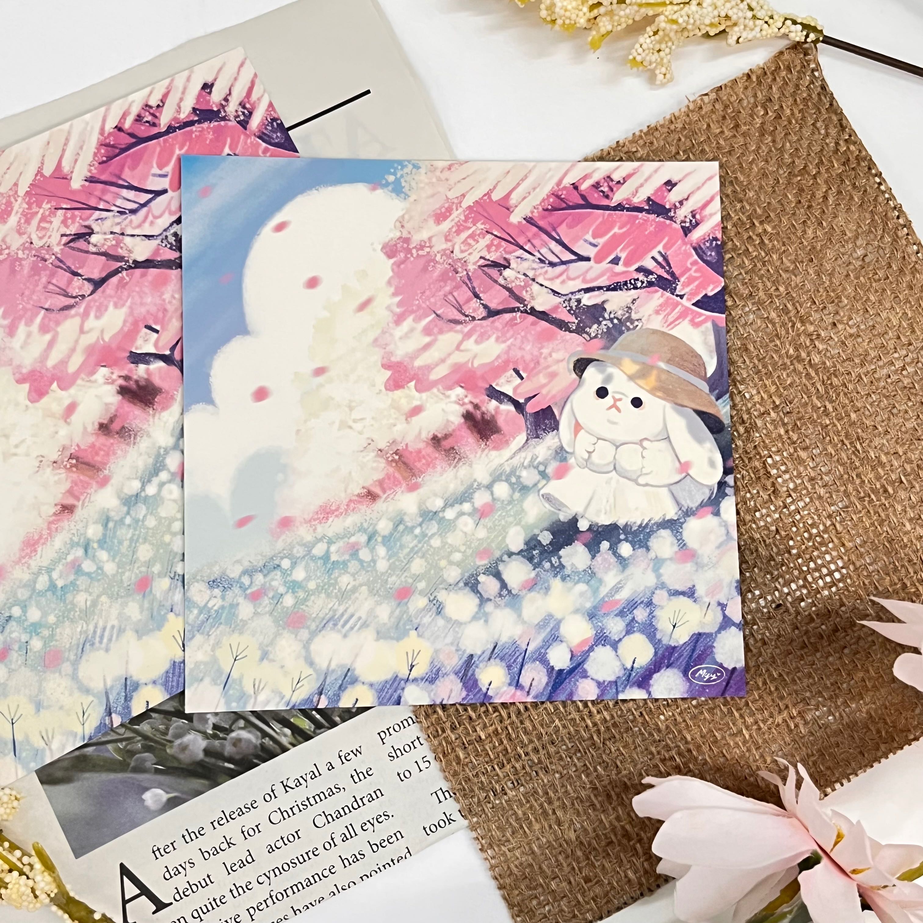 Postcard 5x5 inch | bunny in sakura garden 