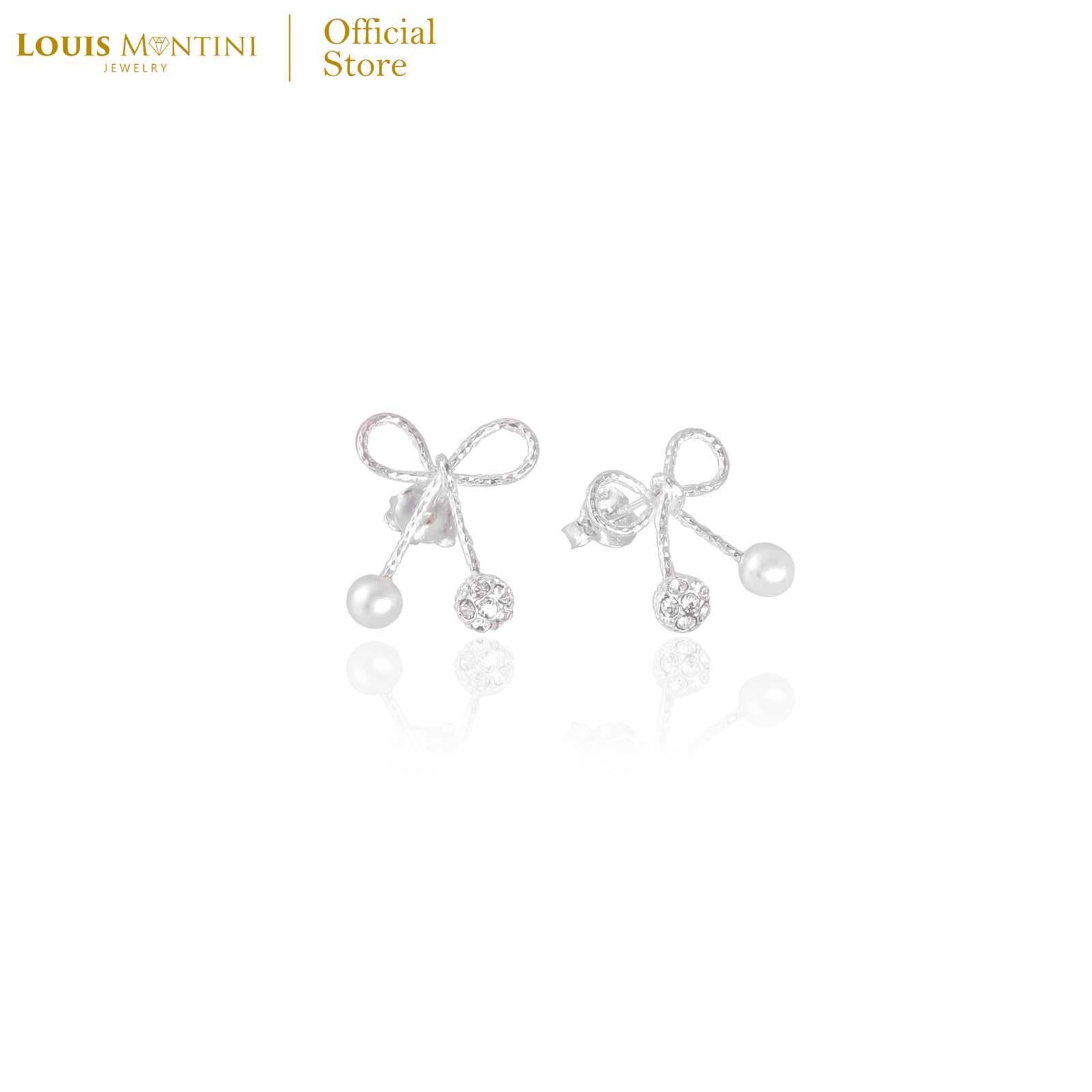 Louis Montini (Jewelry) Sterling Silver 925 Earrings ต่างหูเงินแท้ 92.5% รูปโบว์ไข่มุก LJER36
