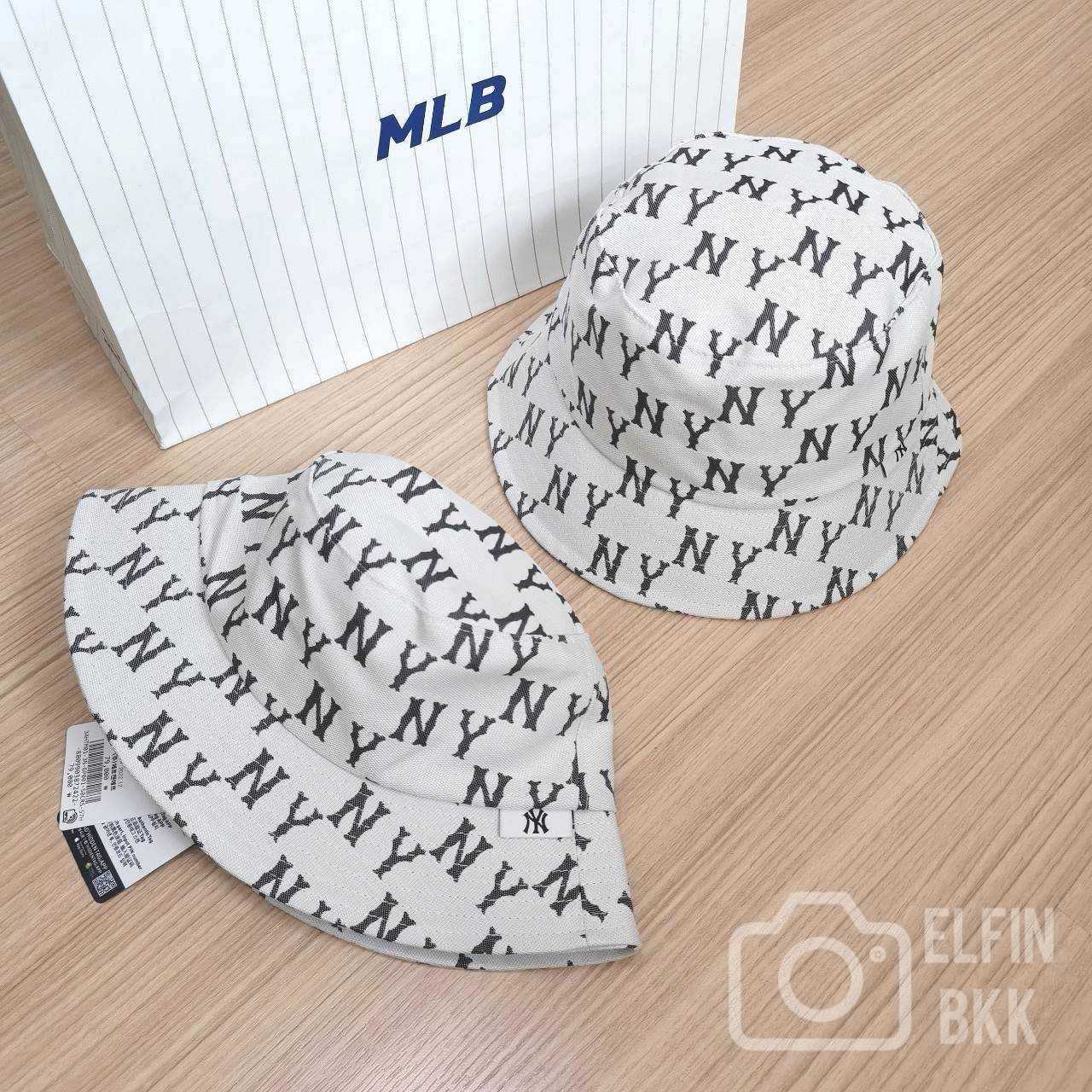 Sale🔥🔥 MLB Big classic monogram bucket hat  หมวกปีกกว้าง ลายโมโนแกรม NY/B สีขาว สีดำ สีเบจ