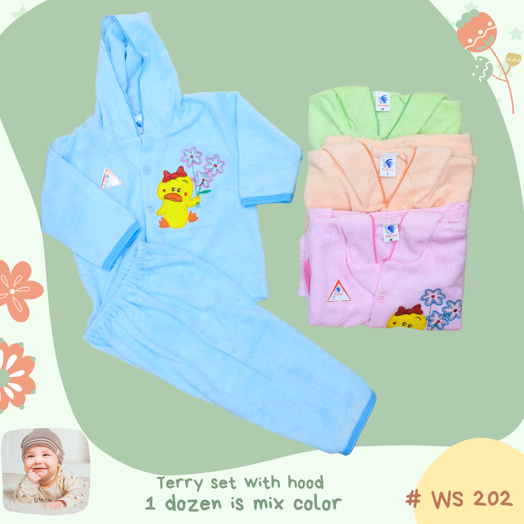 WS 202,  Terry Long Sleeve Shirts and Long Pants ชุดเด็กอ่อนผ้าขนหนูแขนยาวปักมีหมวก