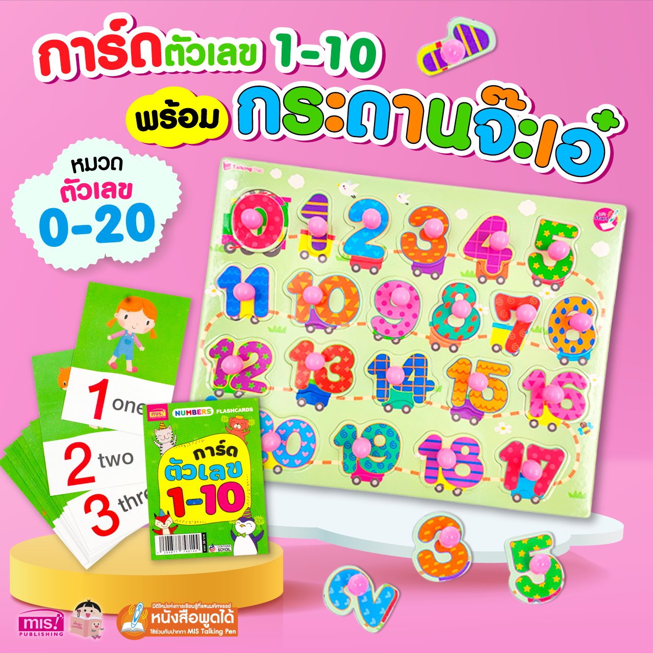 การ์ดภาษาอังกฤษ พร้อมกระดานจ๊ะเอ๋ ตัวเลข 0-20