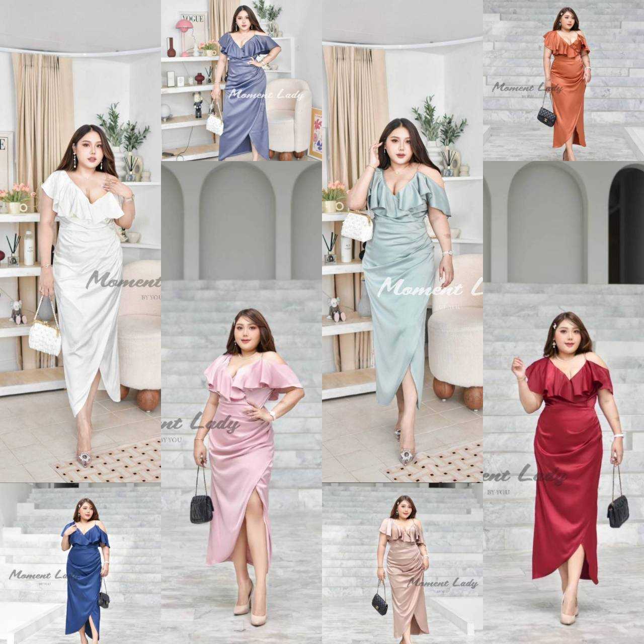 ML 71 ชุดออกงานสุดหรูดีไซน์มาสำหรับสาวอวบโดยเฉพาะเปิดไหล่แต่งระบายปิดต้นแขน สายโซ่สีทองมีความSexy