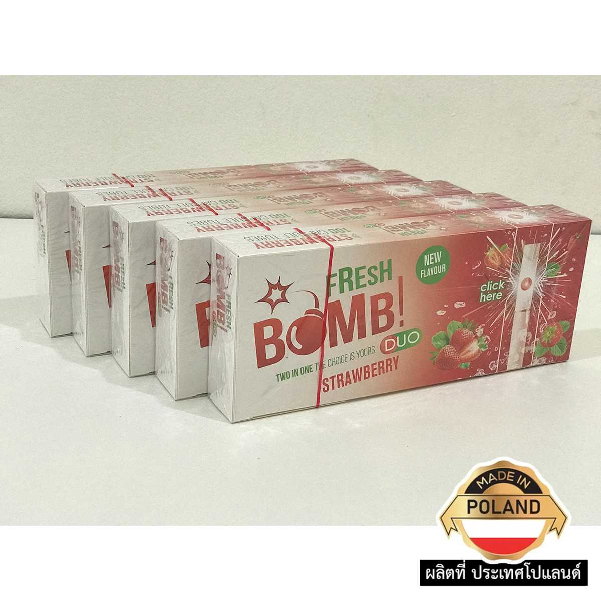 Bomb เม็ดบีบเย็น กลิ่น 【สตรอเบอรี่】x5 กล่อง =500ตัว หลอดเปล่า 〈 ฟิวเตอร์ 20mm.〉