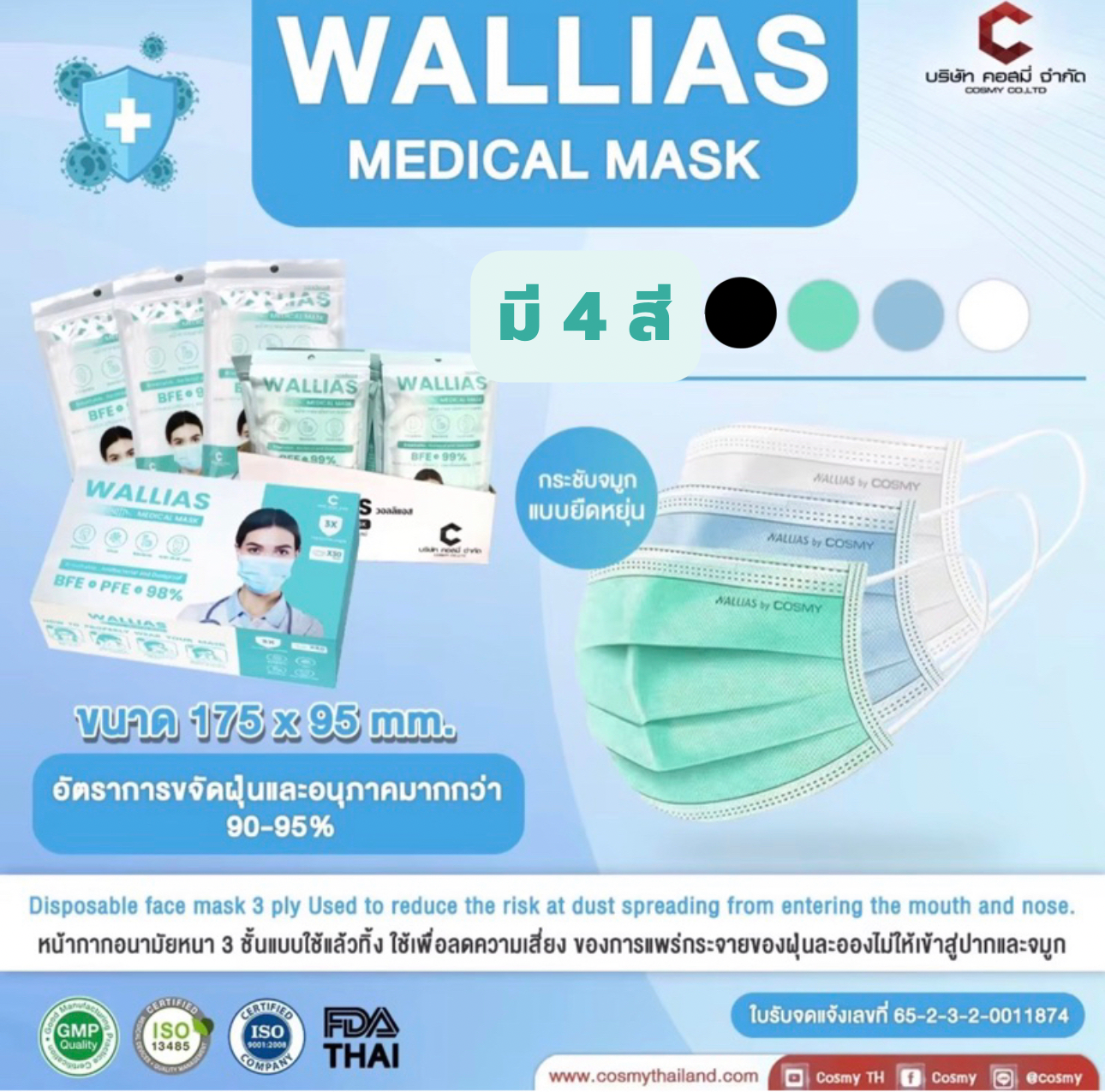 ￼หน้ากากอนามัยทางการเเพทย์ ยี่ห้อ WALLIAS หนา 3 ชั้น ป้องกันได้ถึง 98 % บรรจุ 1 กล่อง (50ชิ้น)