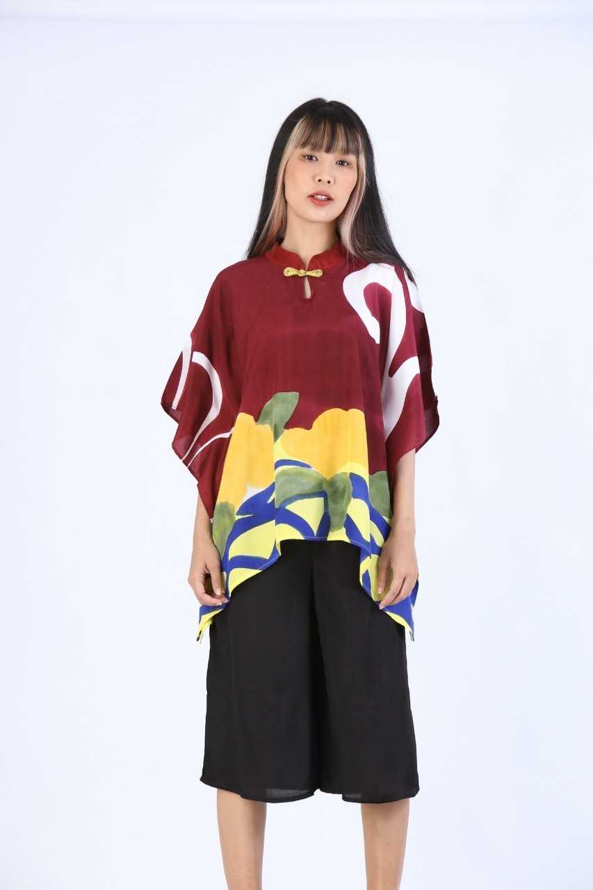 (Pre-order) Poncho Cotton Silk  Blouse Chinese Style Hand Paint Free Size