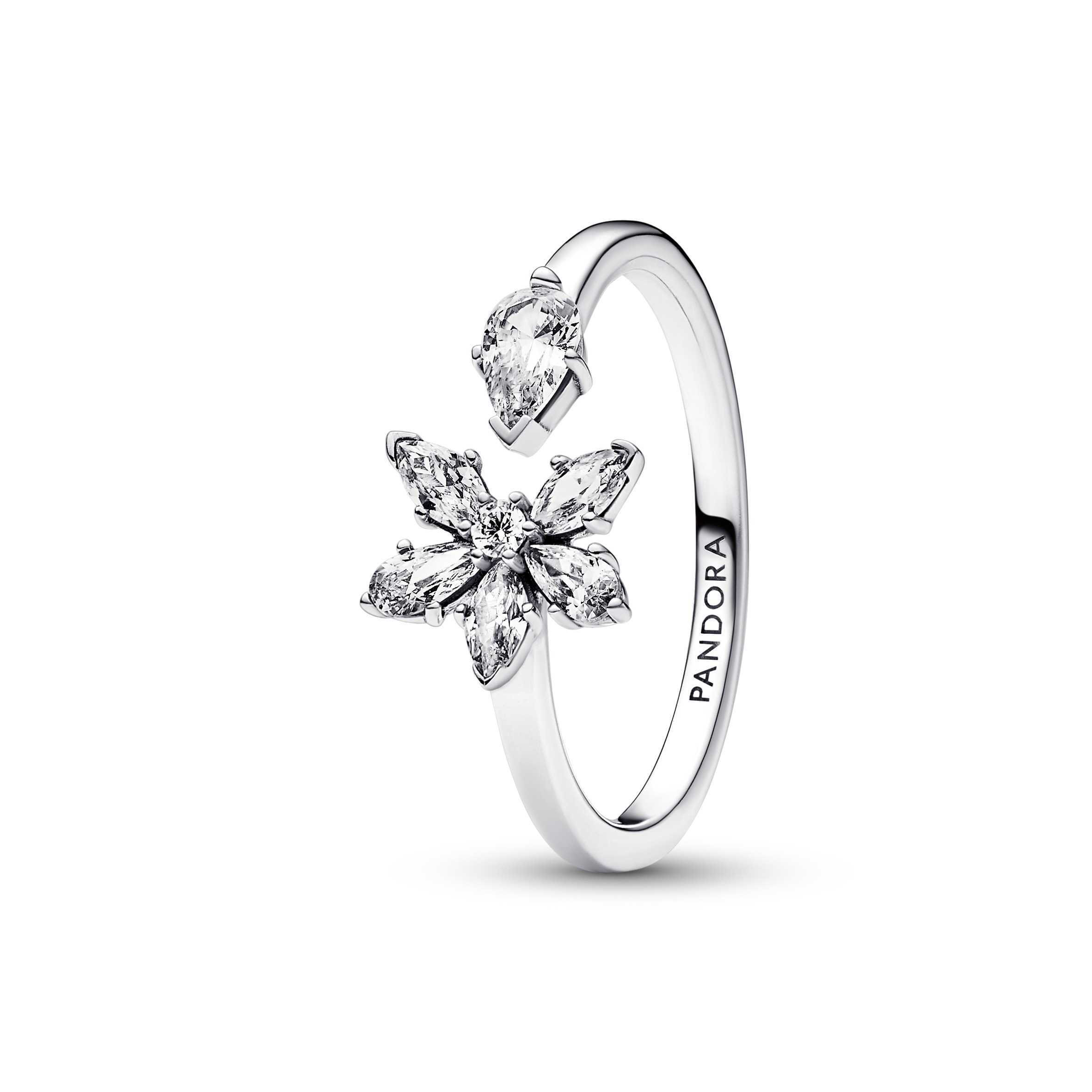 Herbarium cluster sterling silver open ring with clear cubic zirconia