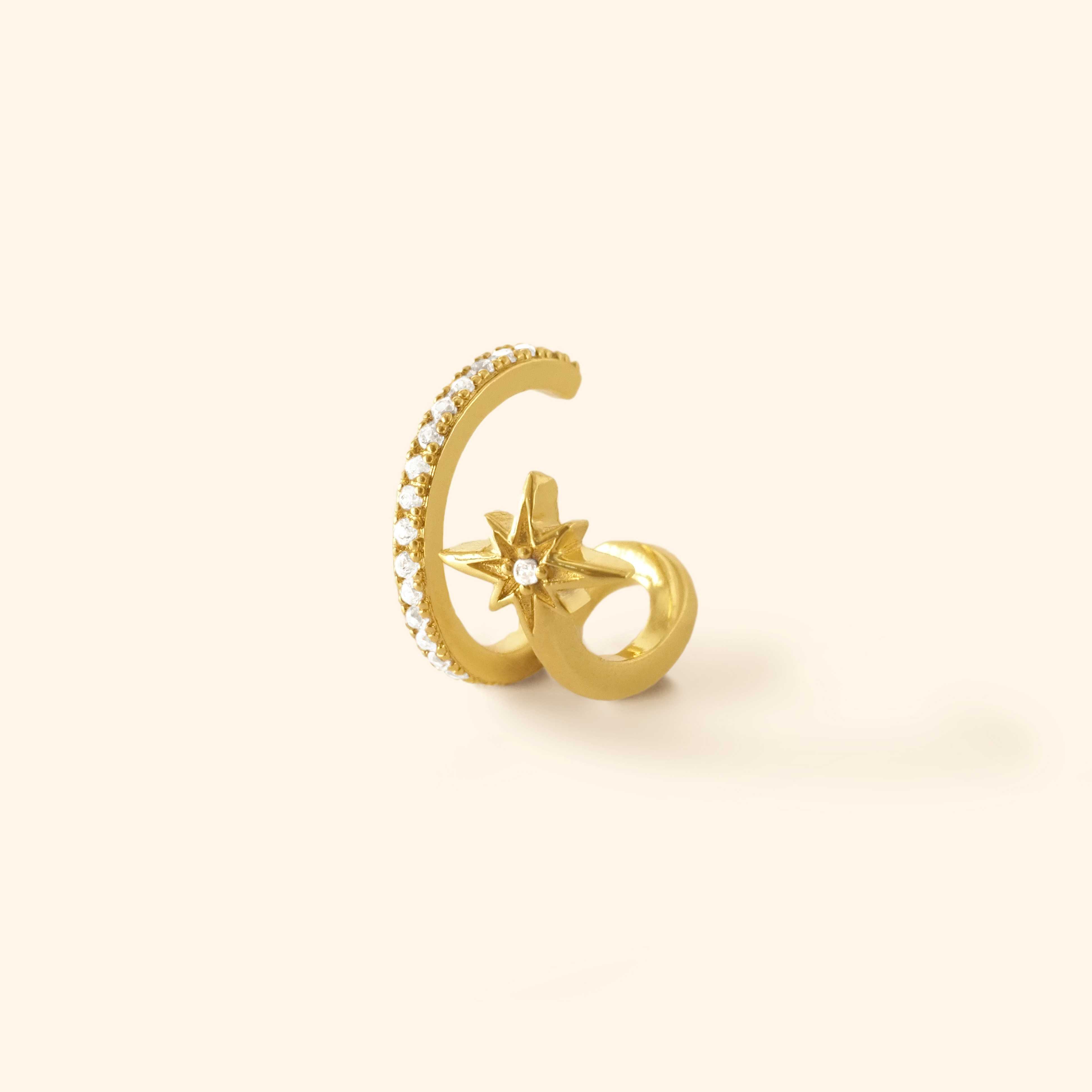 ต่างหูหนีบครึ่งเพชรดาวกระจายดับเบิ้ลบาร์ (Half Crystal Mini Starburst Double Bar Ear Cuff)