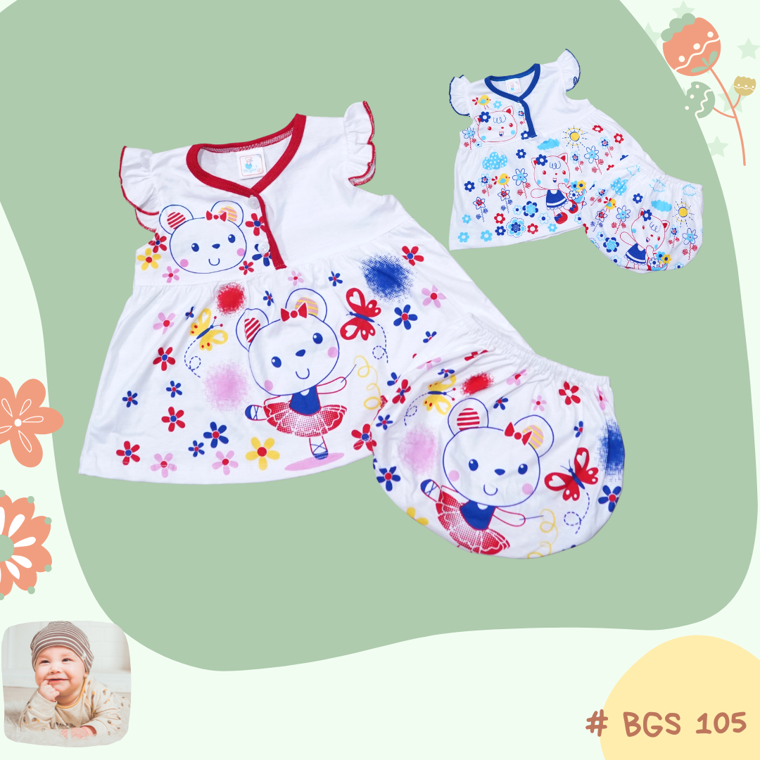 BGS 105,  100% Cotton  Baby Dress Short-sleeve and Panty ชุดกระโปรงเด็กแขนระบาย