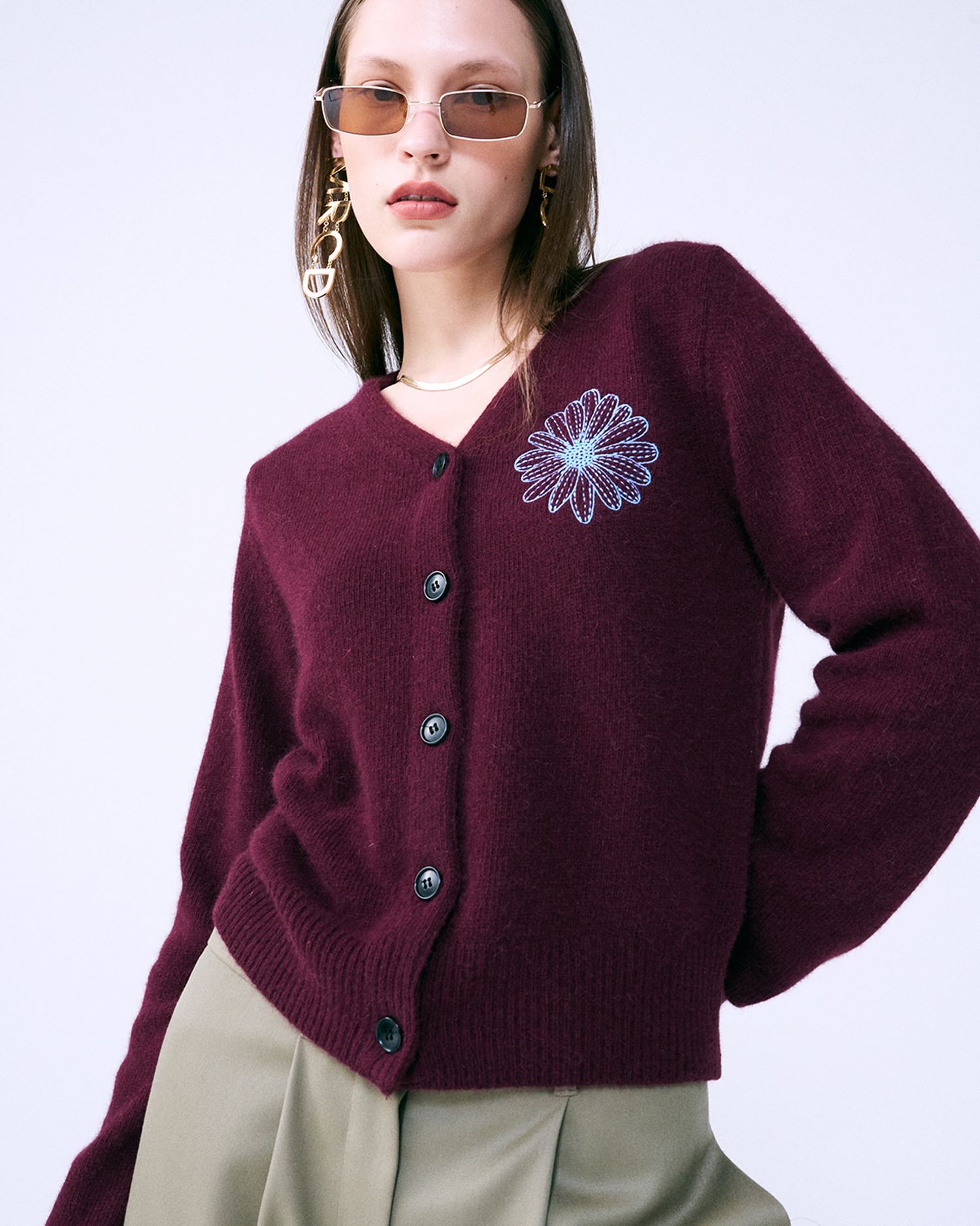 RACCOON BLENDED CARDIGAN V NECK_BURGUNDY SKY