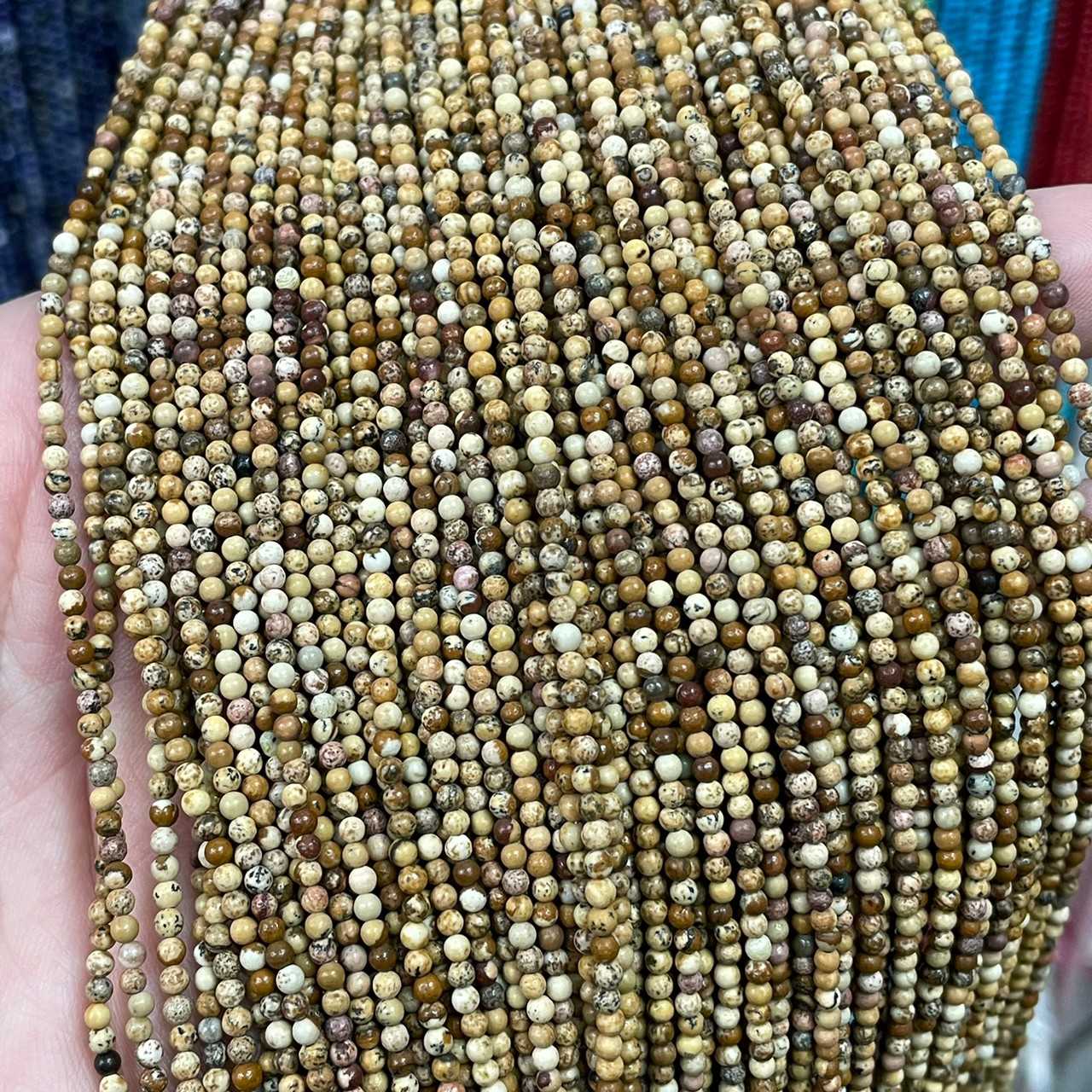 พิกเจอร์ แจสเปอร์ (Picture Jasper) ขนาด 2 mm ทรงกลม เส้นยาว
