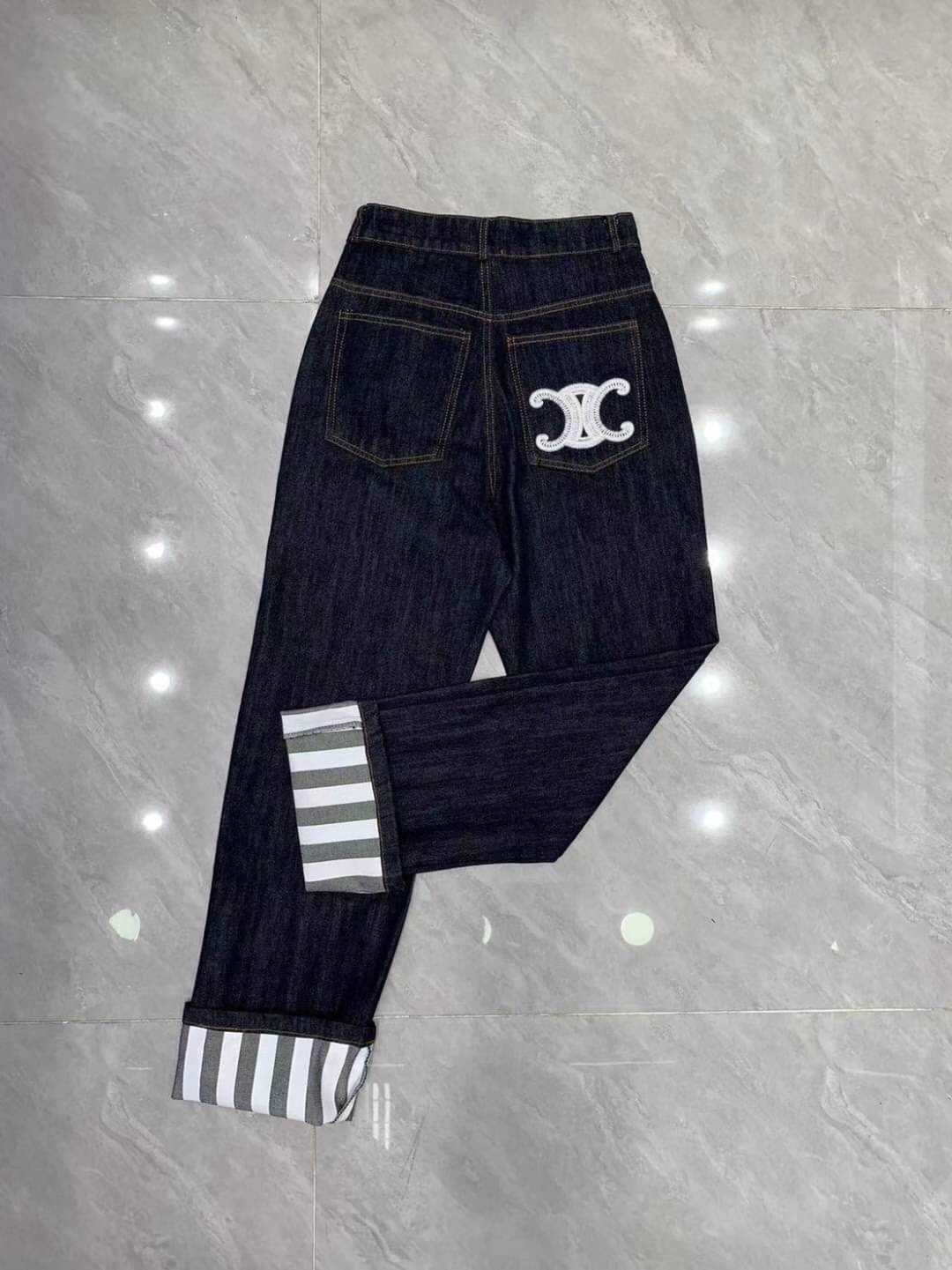 CELINE TRIOMPHE EMBROIDERED LOGO STRIPE LEG LACE UP PANTS กางเกงยีนส์ขากระบอกเล็กซีลีน