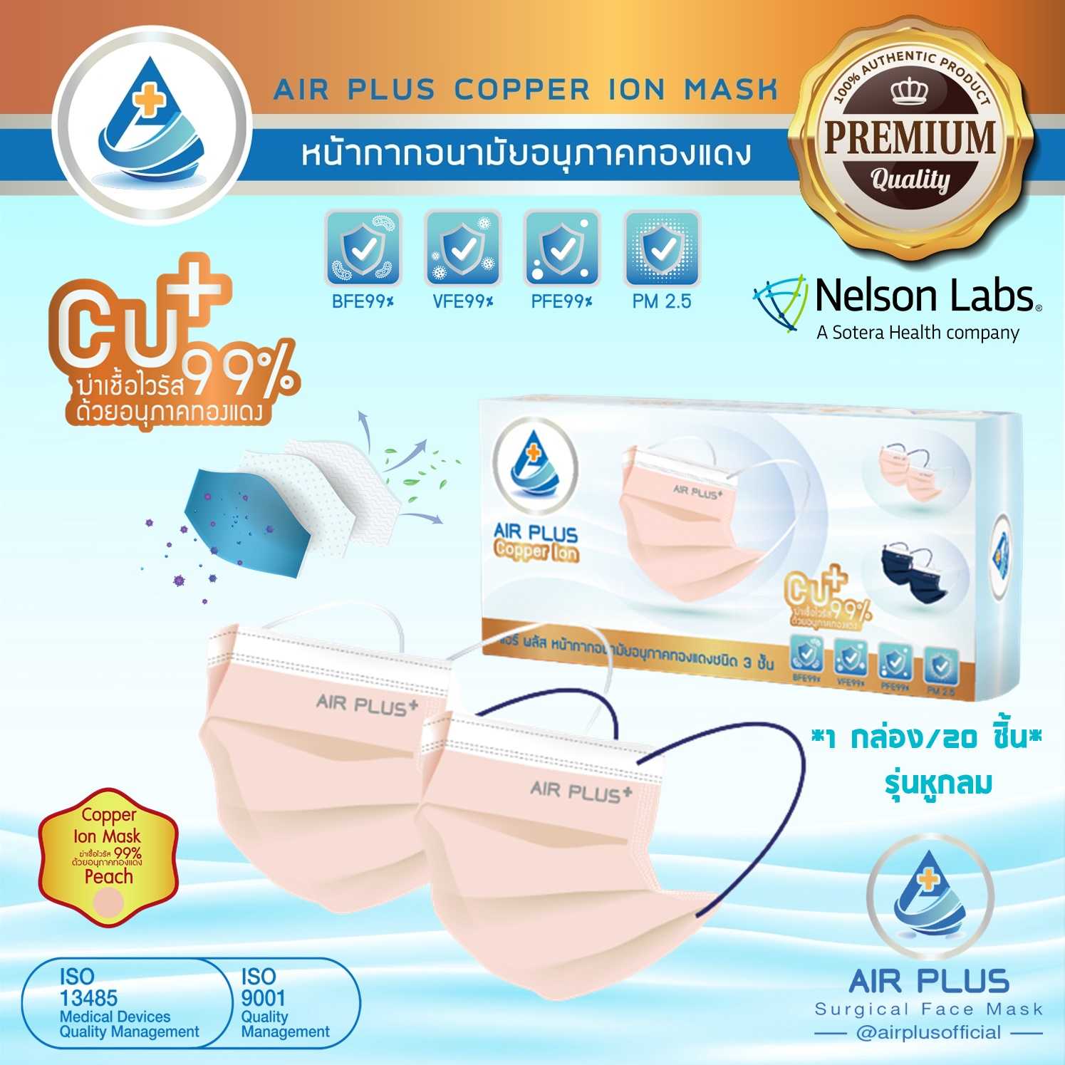 Air Plus Copper Ion Mask หน้ากากคอปเปอร์ฆ่าเชื้อไวรัส(Anti-Virus)(สีพีช) - 1 กล่อง/20ชิ้น(รุ่นหูกลม)
