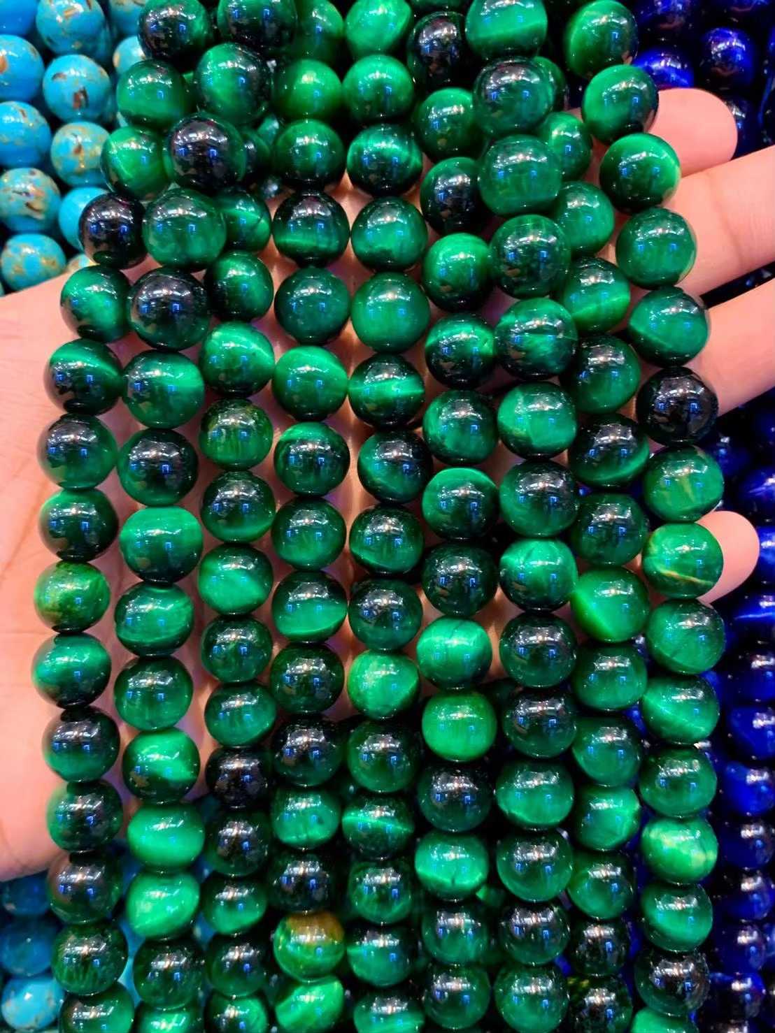 ตาเสือ สีเขียว (Green Tiger's Eyes) ทรงกลม เส้นยาว