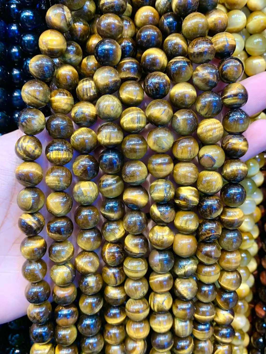 ตาเสือ สีเหลือง (Yellow Tiger's Eyes) ทรงกลม เส้นยาว
