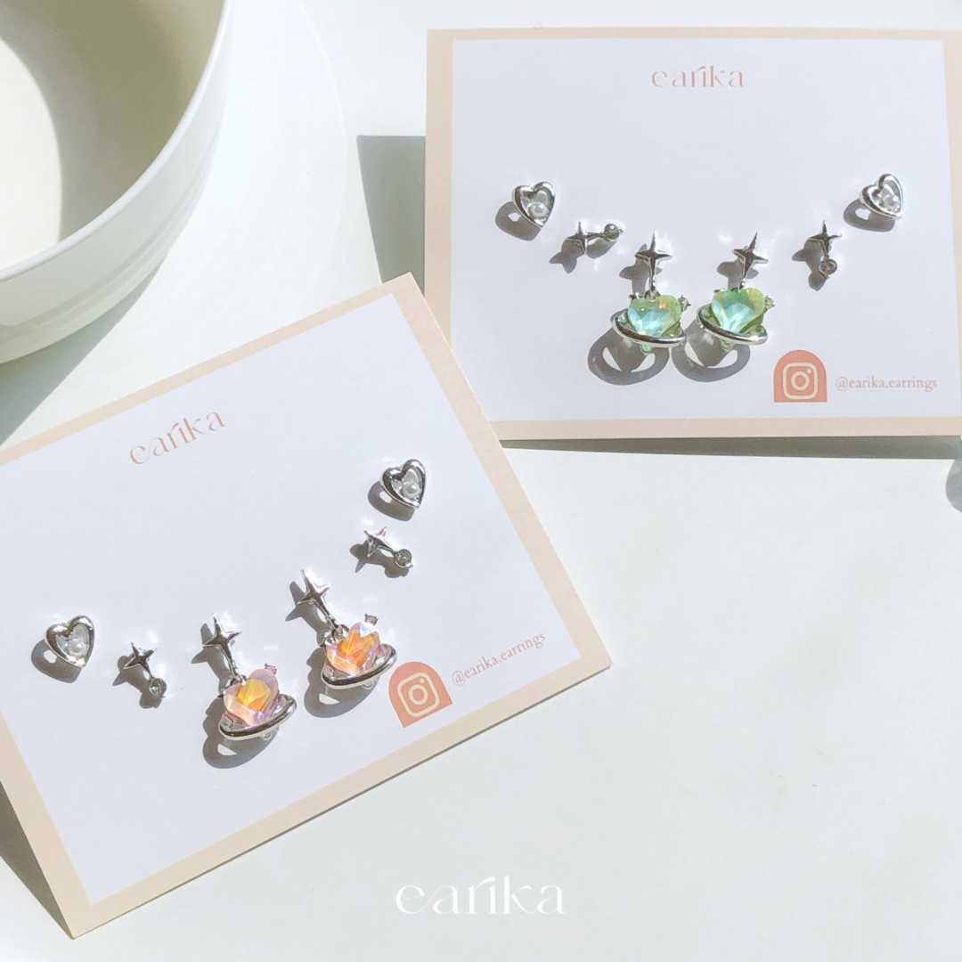 earika.earrings - sparkle heart planet set เซ็ตต่างหูดาวเคราะห์หัวใจก้านเงินแท้ ผิวแพ้ง่ายใส่ได้