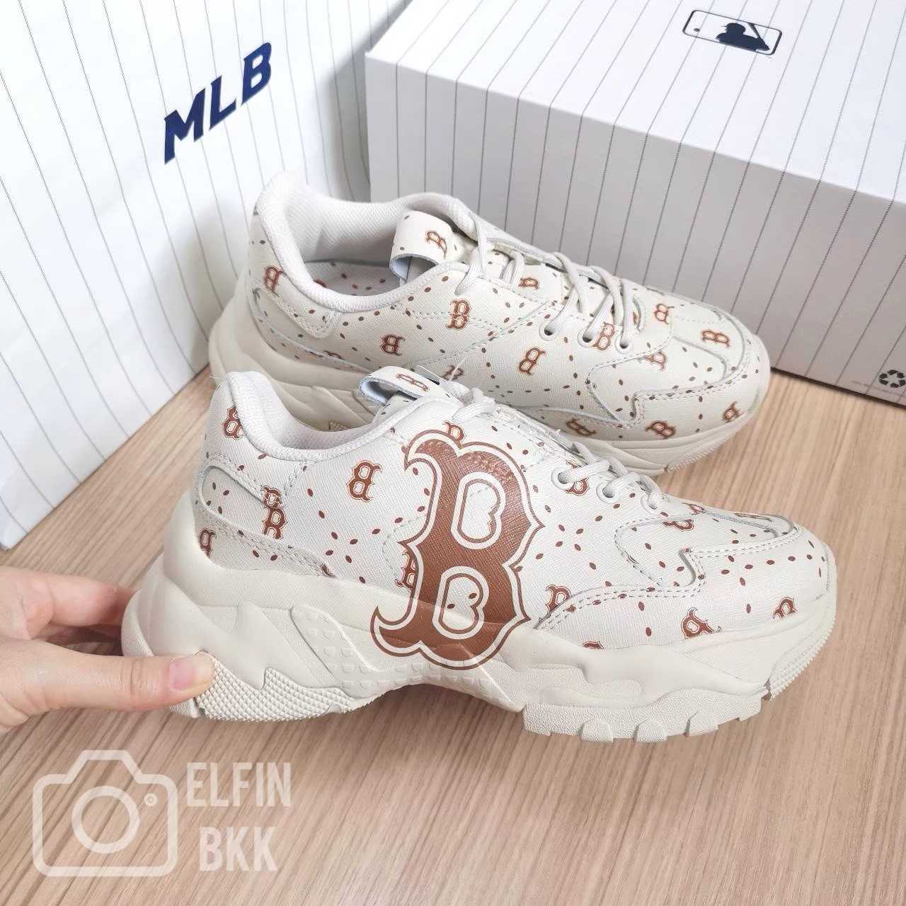 🔥Sale🔥MLB Bigball Chunky Saffiano Dia Monogram รองเท้าสีขาว สีครีม NY/ B Boston/ LA