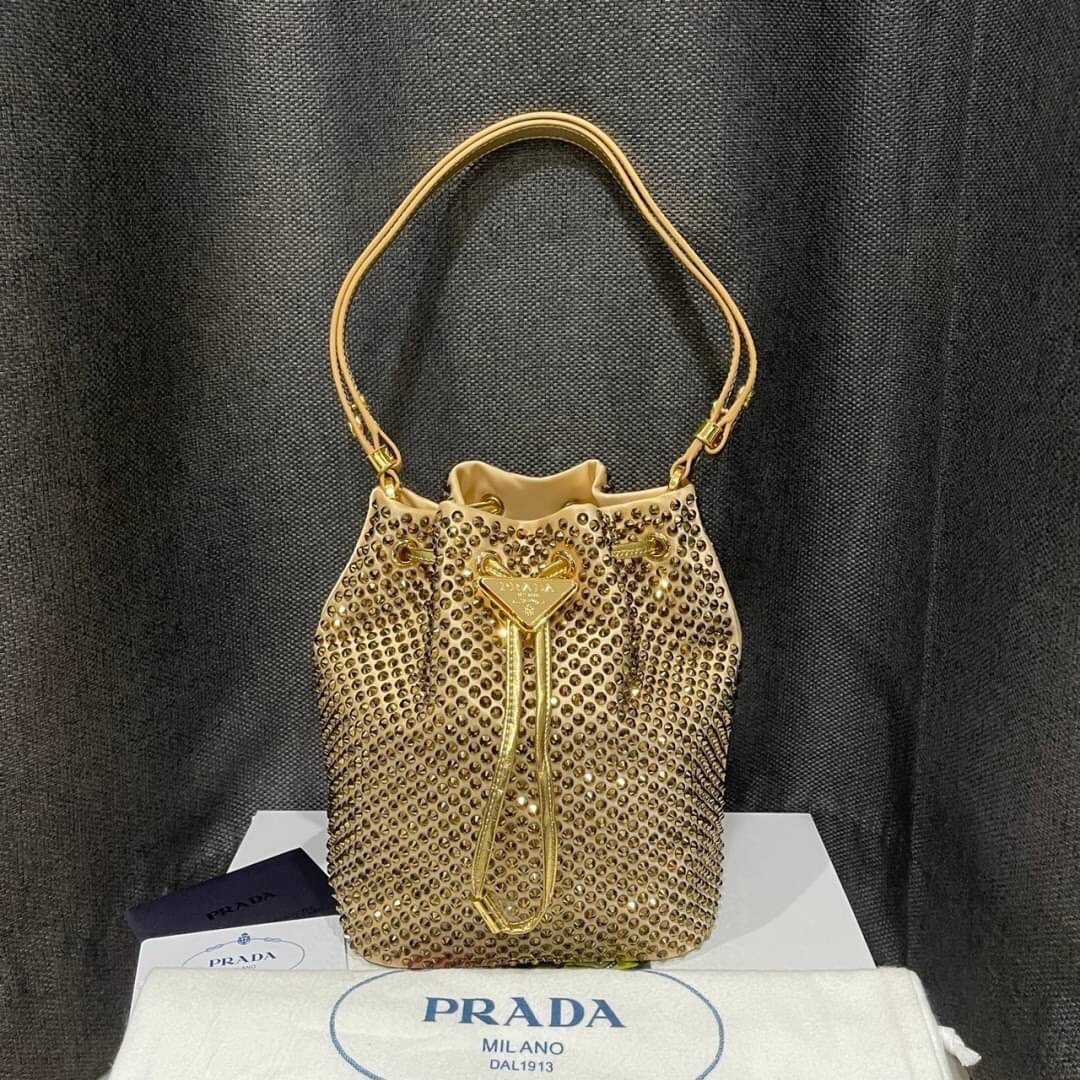PRADA MINI CRYSTAL EMBELLISHED SATIN BUCKET BAG GOLD กระเป๋างบักเก็ต ปราด้า สีทอง