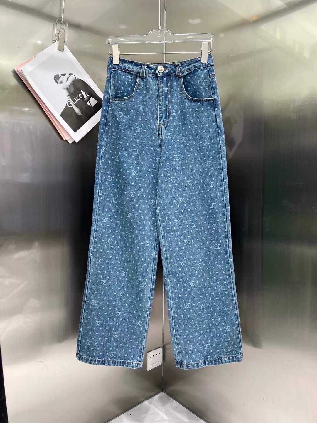 CHANEL CC PRINTED PANTS DOTS DENIM PLAIN LOGO JEANS กางเกงยีนส์ขากระบอก แบรนด์ชาแนล