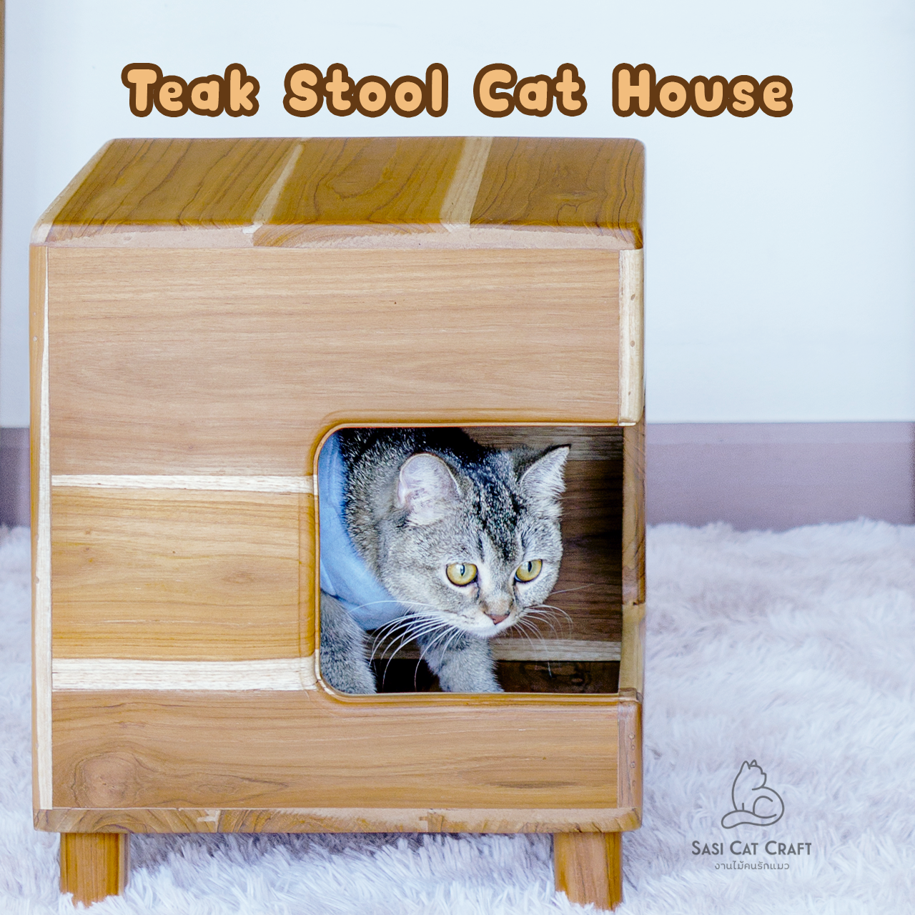 เก้าอี้สตูลไม้สัก ของคนรักแมว Teak Stool Cat House / Side Table Chair Cat House