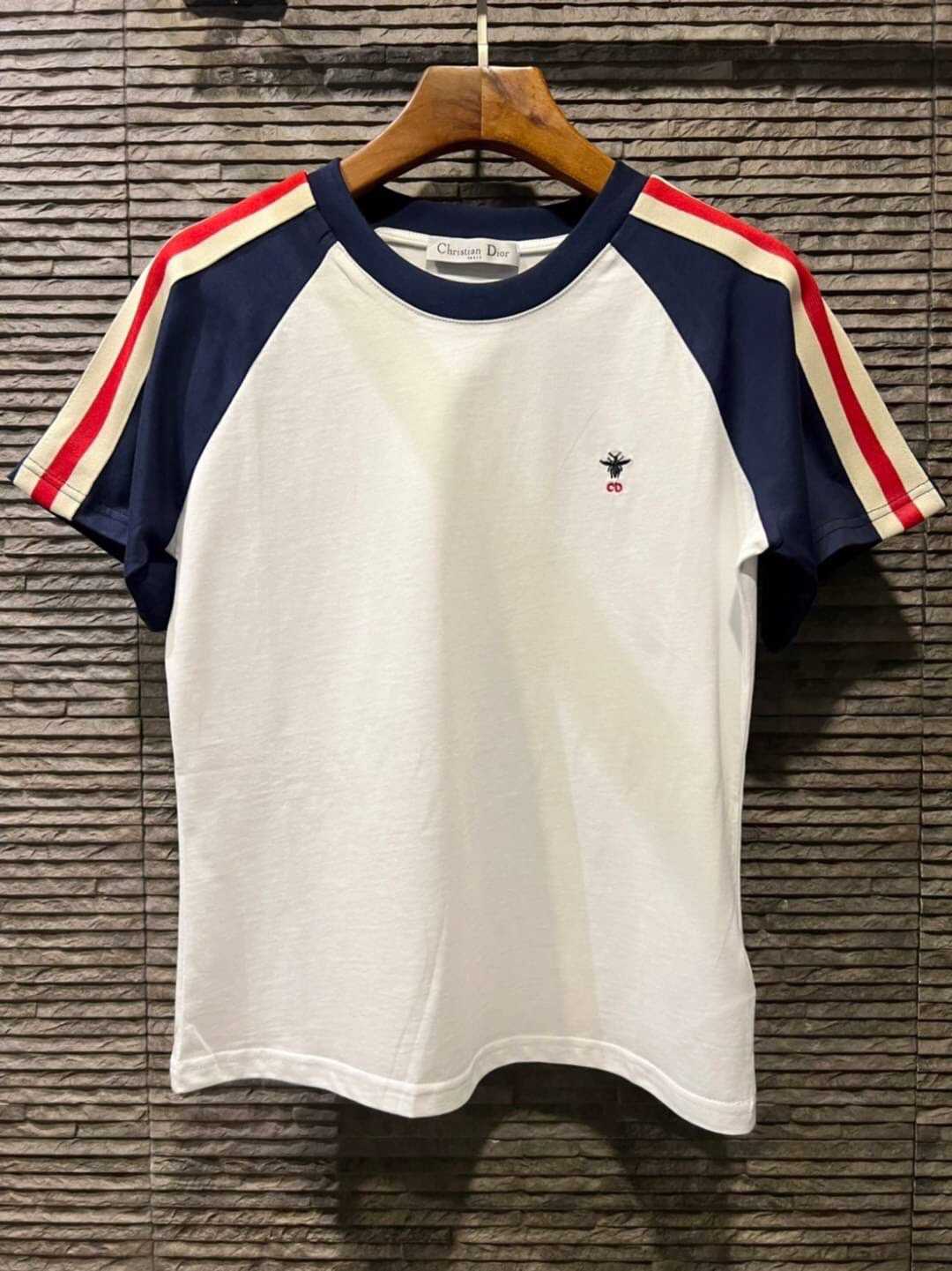 CHRISTIAN DIOR CD BEE EMBROIDERED NAVY RED STRIPE TWO-TONE COTTON T-SHIRT