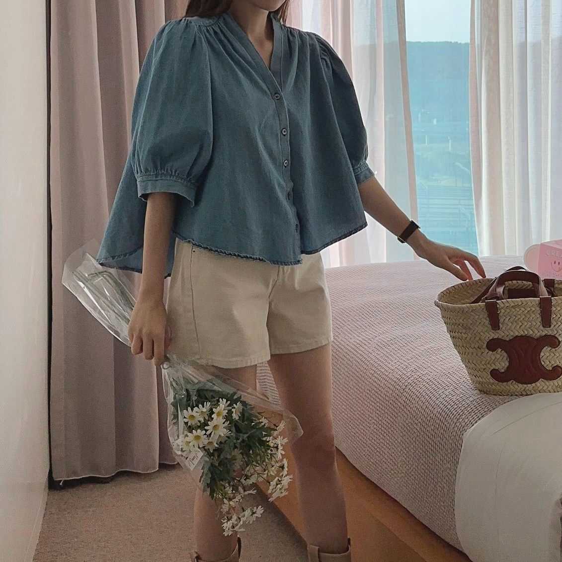 [Pre-order Korea] Denim collarless Blouse