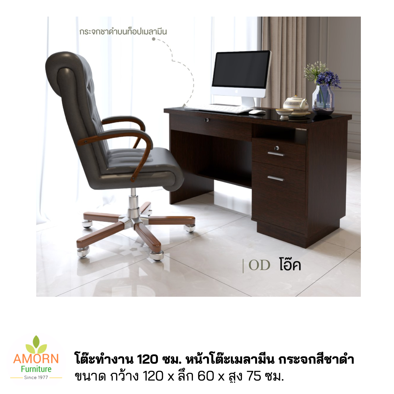 โต๊ะทำงาน 120 ซม. หน้าโต๊ะเมลามีน กระจกสีชาดำ ( ไม่รวมเก้าอี้ )