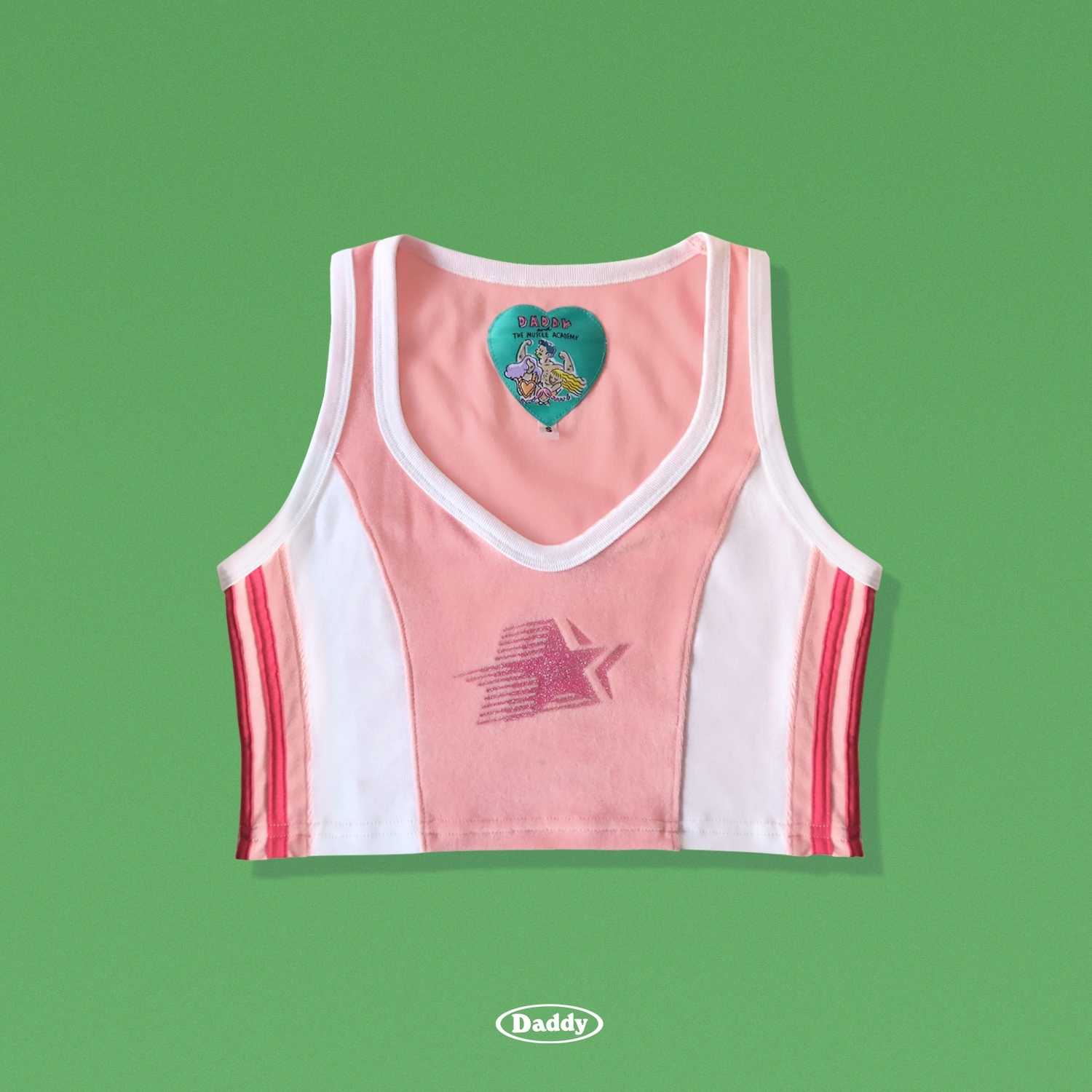 Speed Star Crop Top เสื้อกล้ามครอปท็อป แต่งแทบด้านข้าง สกรีนกากเพชรรูปดาวสีชมพูเข้มสุดน่ารัก