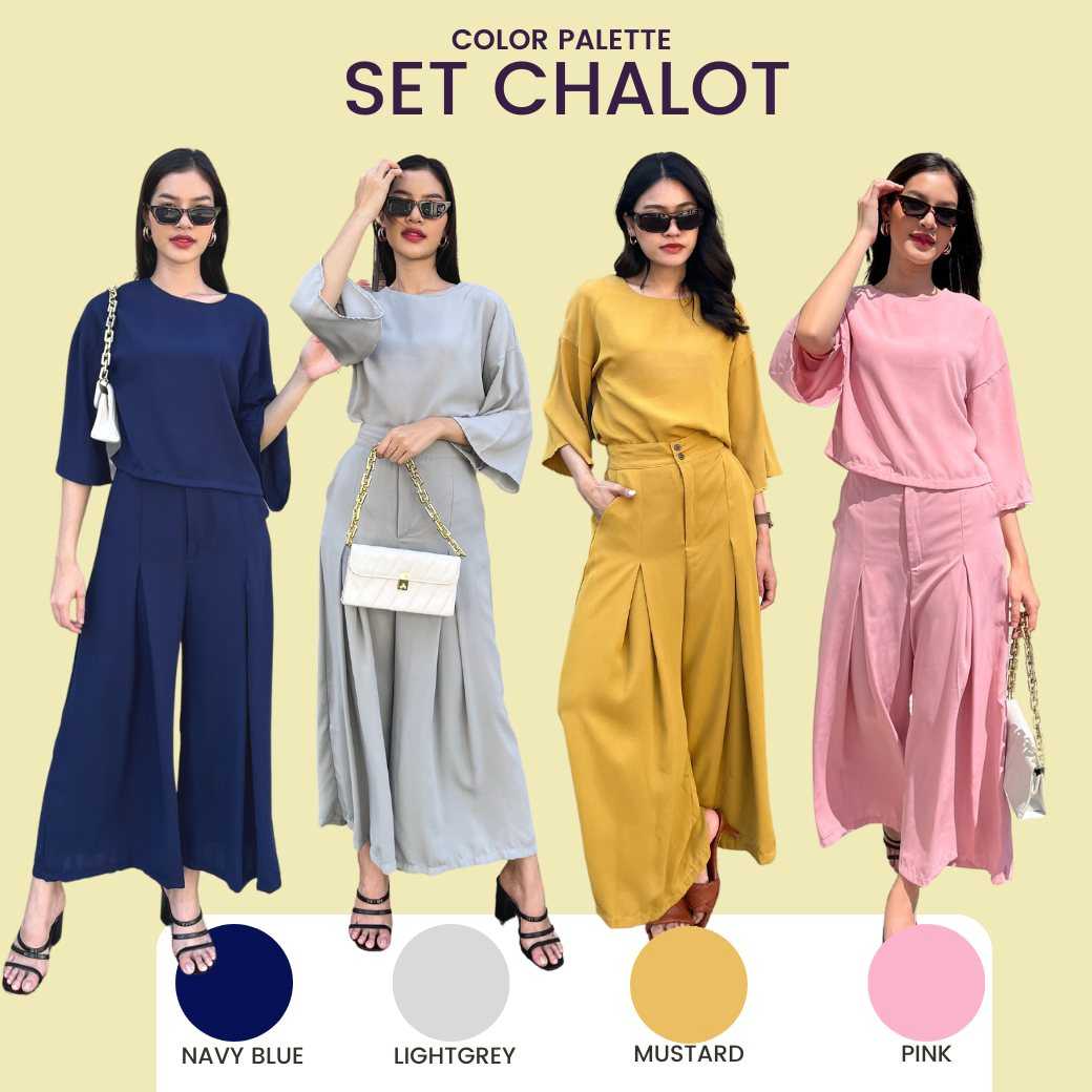 Set Chalot ชุดเซ็ทเสื้อ+กางเกงขาบาน ผ้าทอชีน่าไม่ยืด