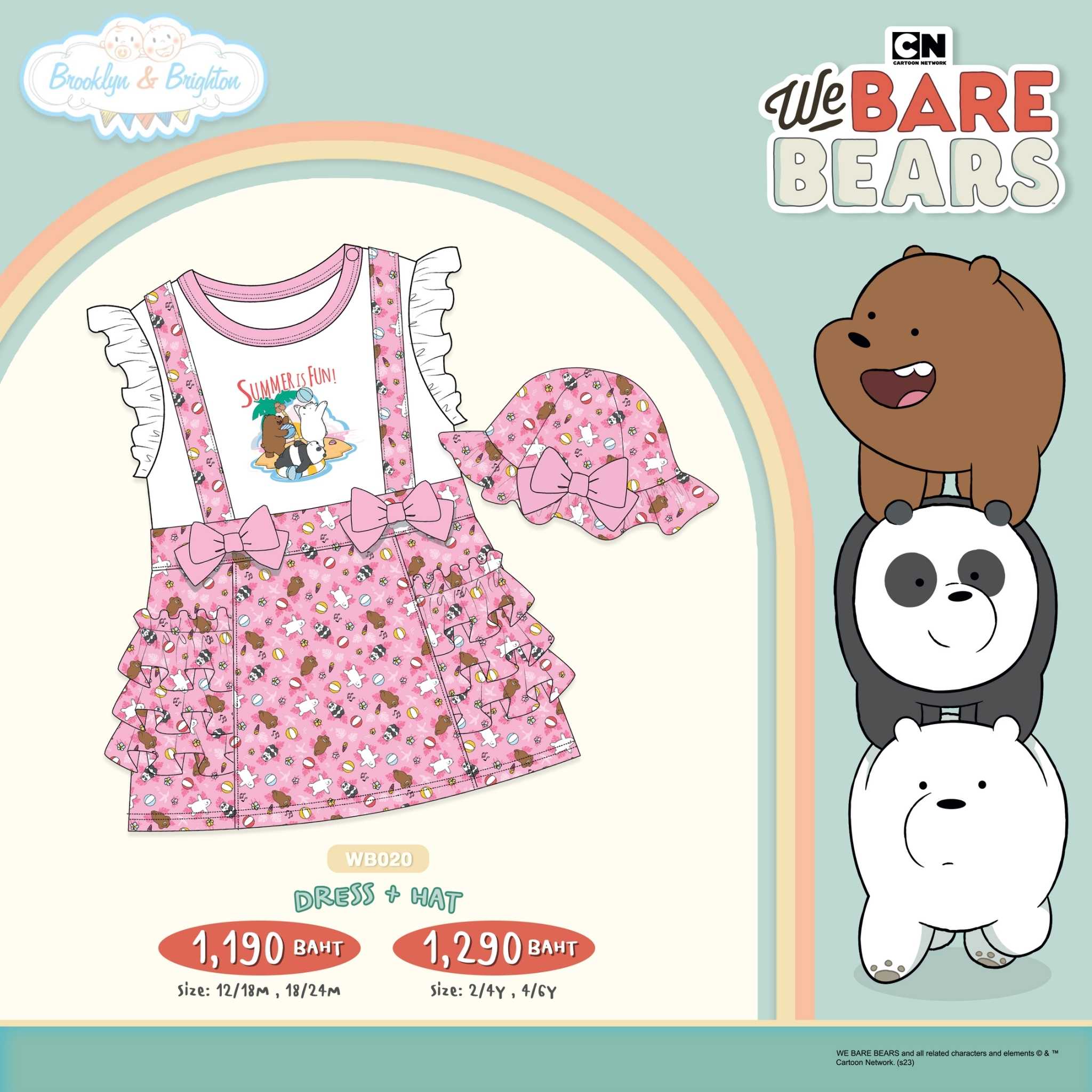 We Bare Bears - Dress + Hat 3หมีจอมป่วน - WB020  (12/18M-4/6Y) ขายดีตลอดกาล
