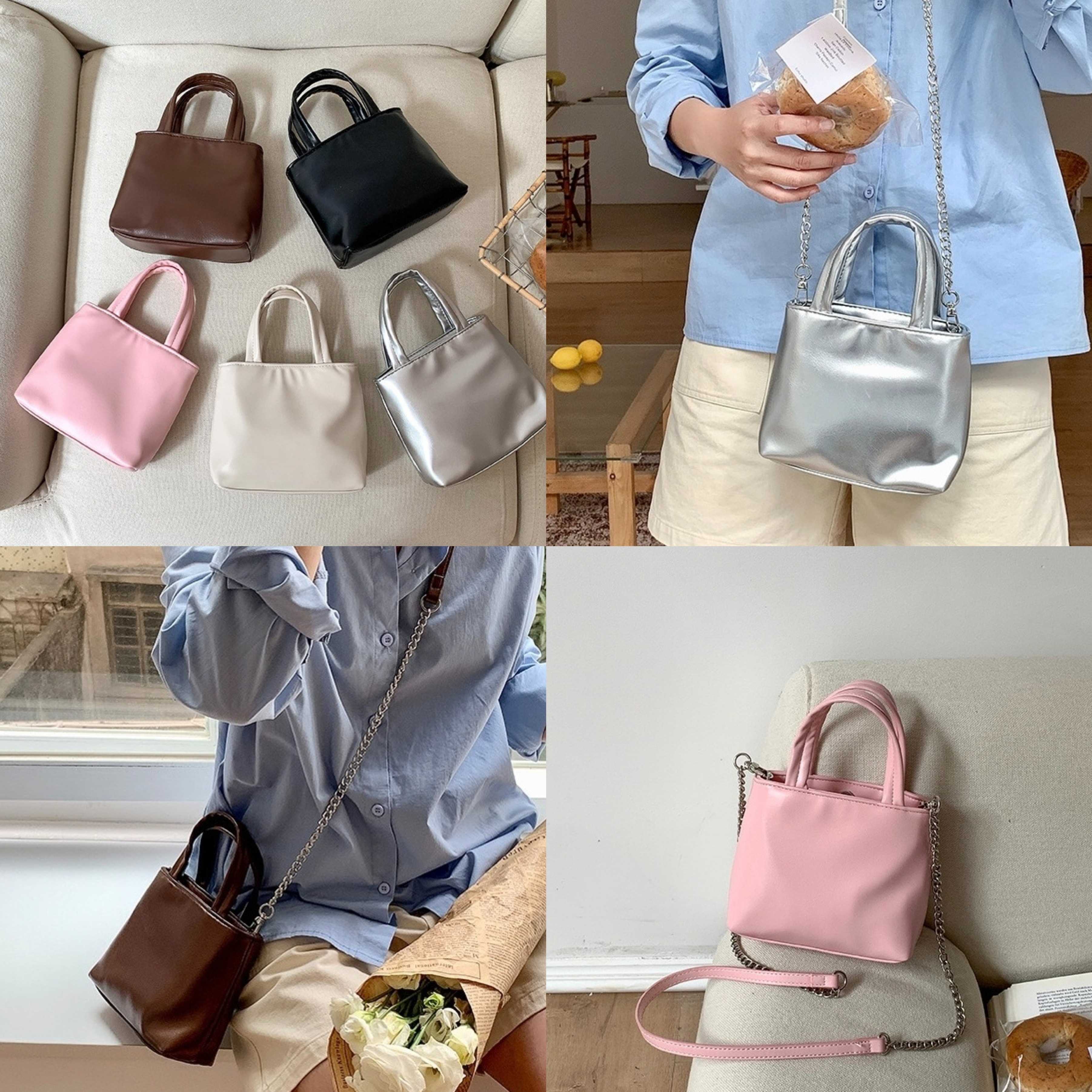 [พร้อมส่ง] กระเป๋าหนัง Premium หนังสวย แต่งสายโซ่ + Crossbody สะพายข้างได้ | QB086