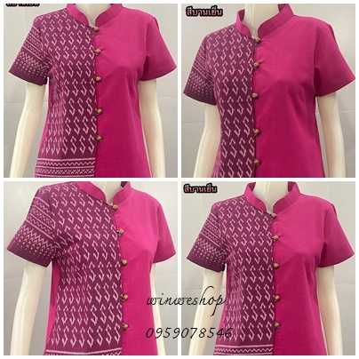 เสื้อผ้าฝ้ายผู้หญิงลายขอแต่งครึ่ง-สีบานเย็น